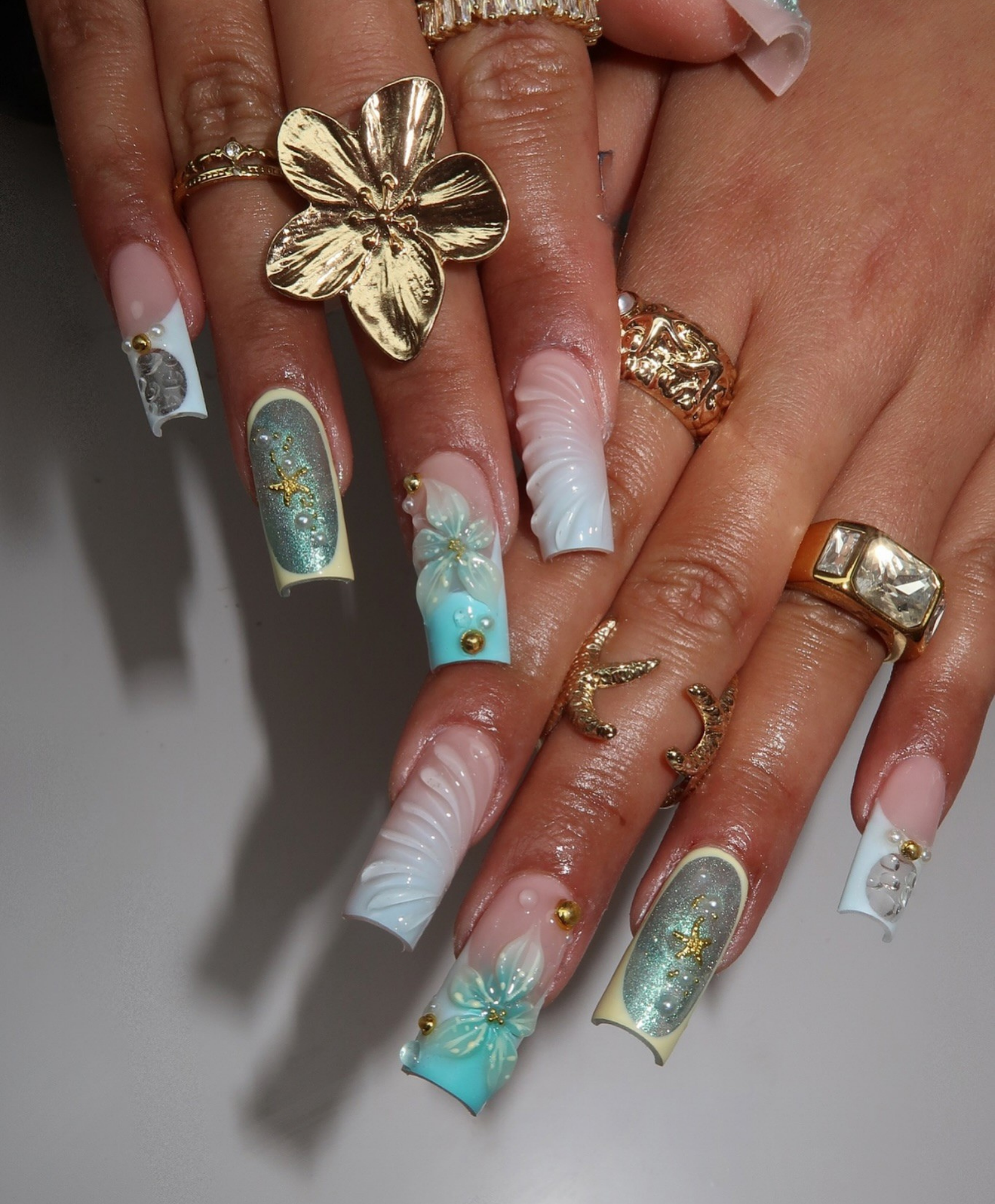 Handmade 3D Tiffany Blue Mermaid Press On Nails | Sculpted Sea Foam Shell Luxury Fake Nails | Long Square Starfish Nails for Summer Vacation