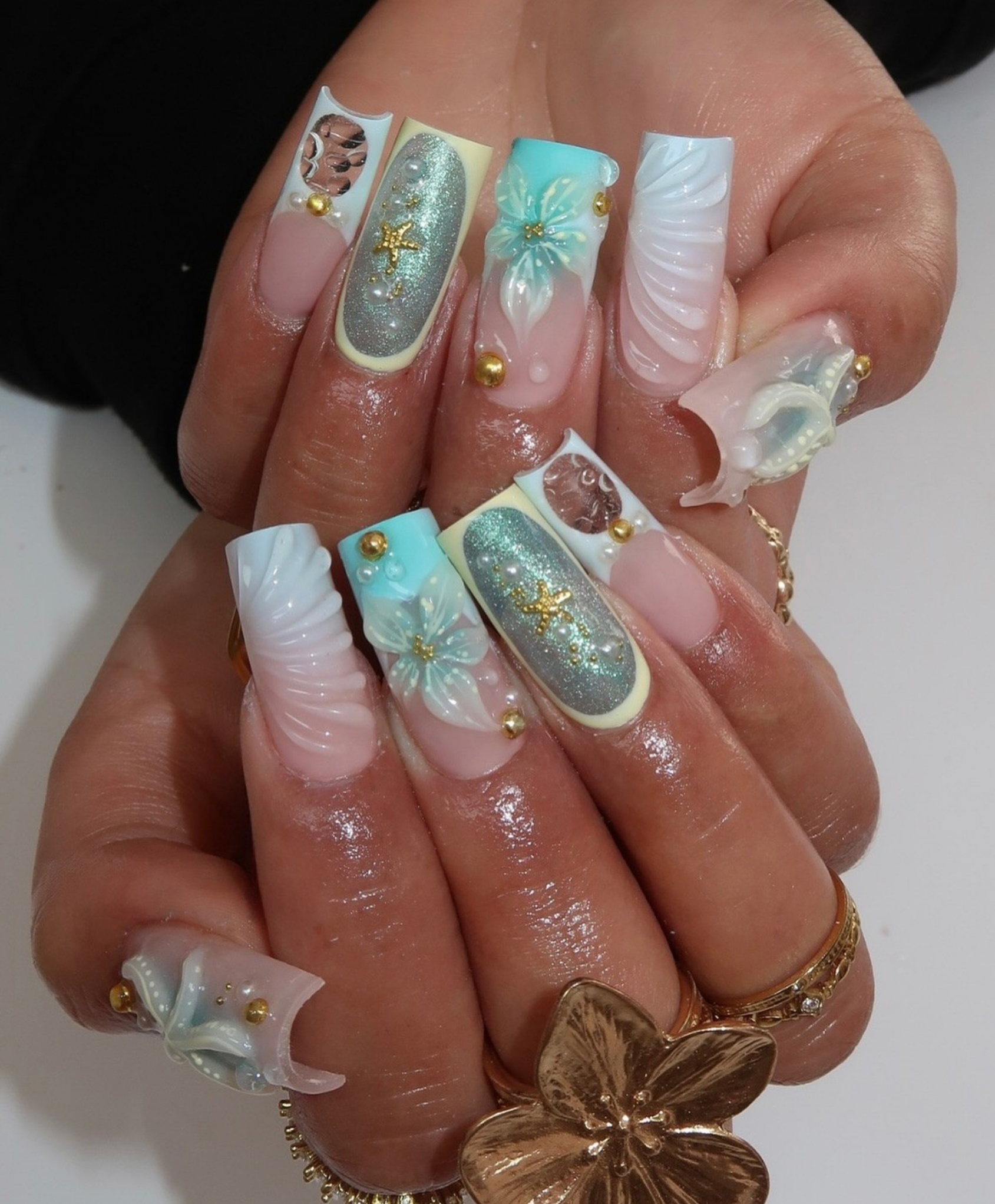 Handmade 3D Tiffany Blue Mermaid Press On Nails | Sculpted Sea Foam Shell Luxury Fake Nails | Long Square Starfish Nails for Summer Vacation