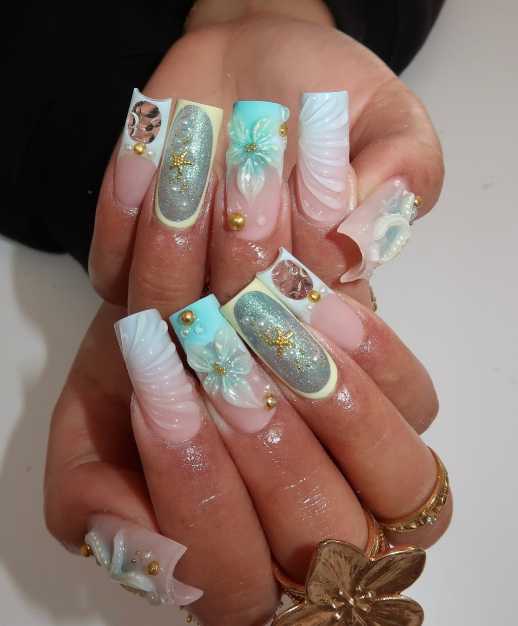 Handmade 3D Tiffany Blue Mermaid Press On Nails | Sculpted Sea Foam Shell Luxury Fake Nails | Long Square Starfish Nails for Summer Vacation
