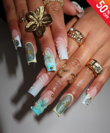 Handmade 3D Tiffany Blue Mermaid Press On Nails | Sculpted Sea Foam Shell Luxury Fake Nails | Long Square Starfish Nails for Summer Vacation