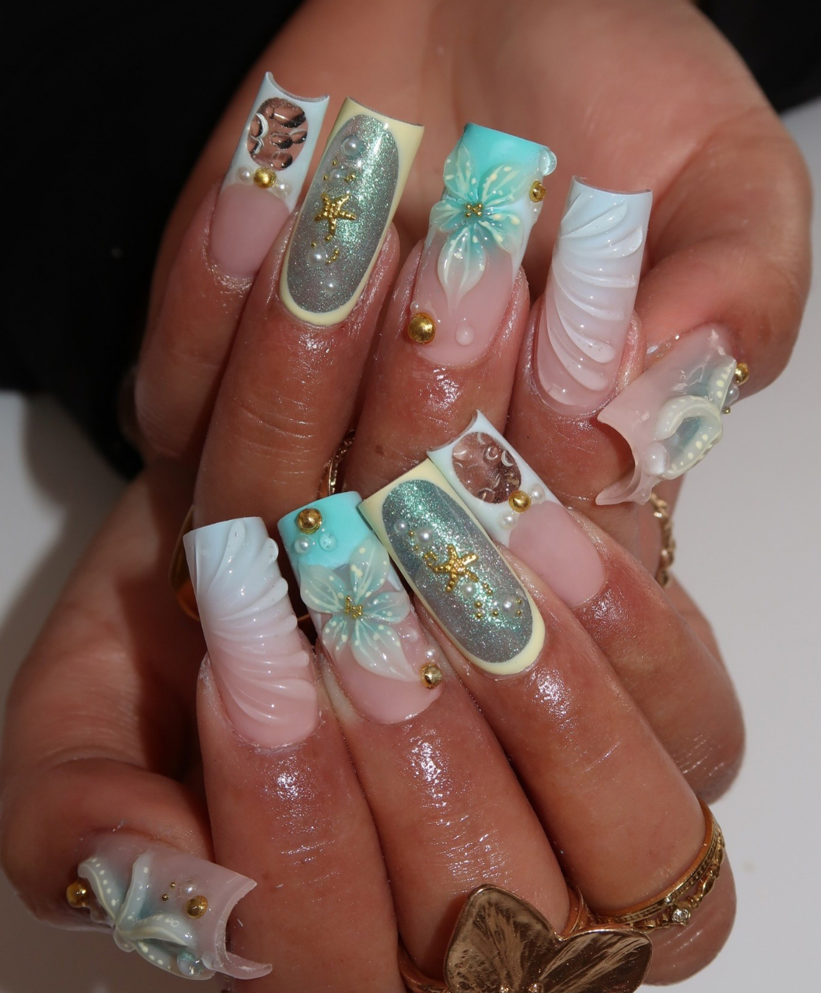 Handmade 3D Tiffany Blue Mermaid Press On Nails | Sculpted Sea Foam Shell Luxury Fake Nails | Long Square Starfish Nails for Summer Vacation