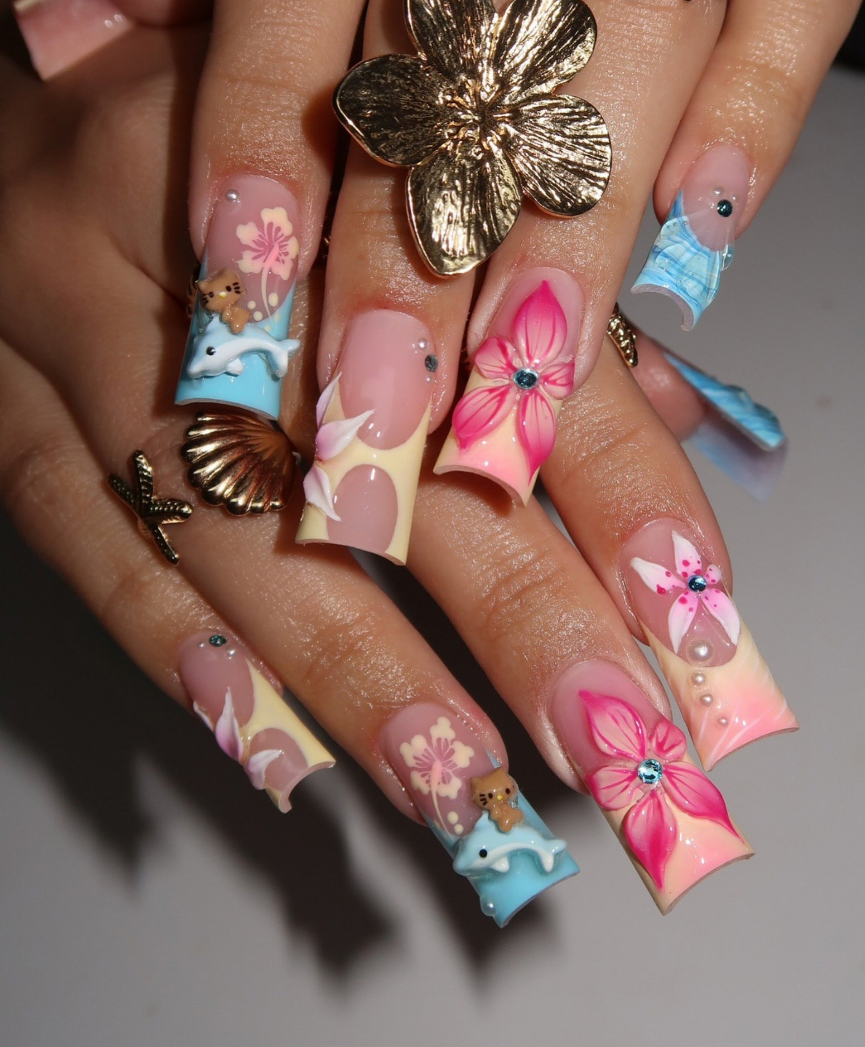 Handmade 3D Dolphin & Kawaii Flower Press On Nails | Sculpted Hibiscus & Teddy Bear Luxury Fake Nails | Long Square Y2K Tropical Nails for Summer