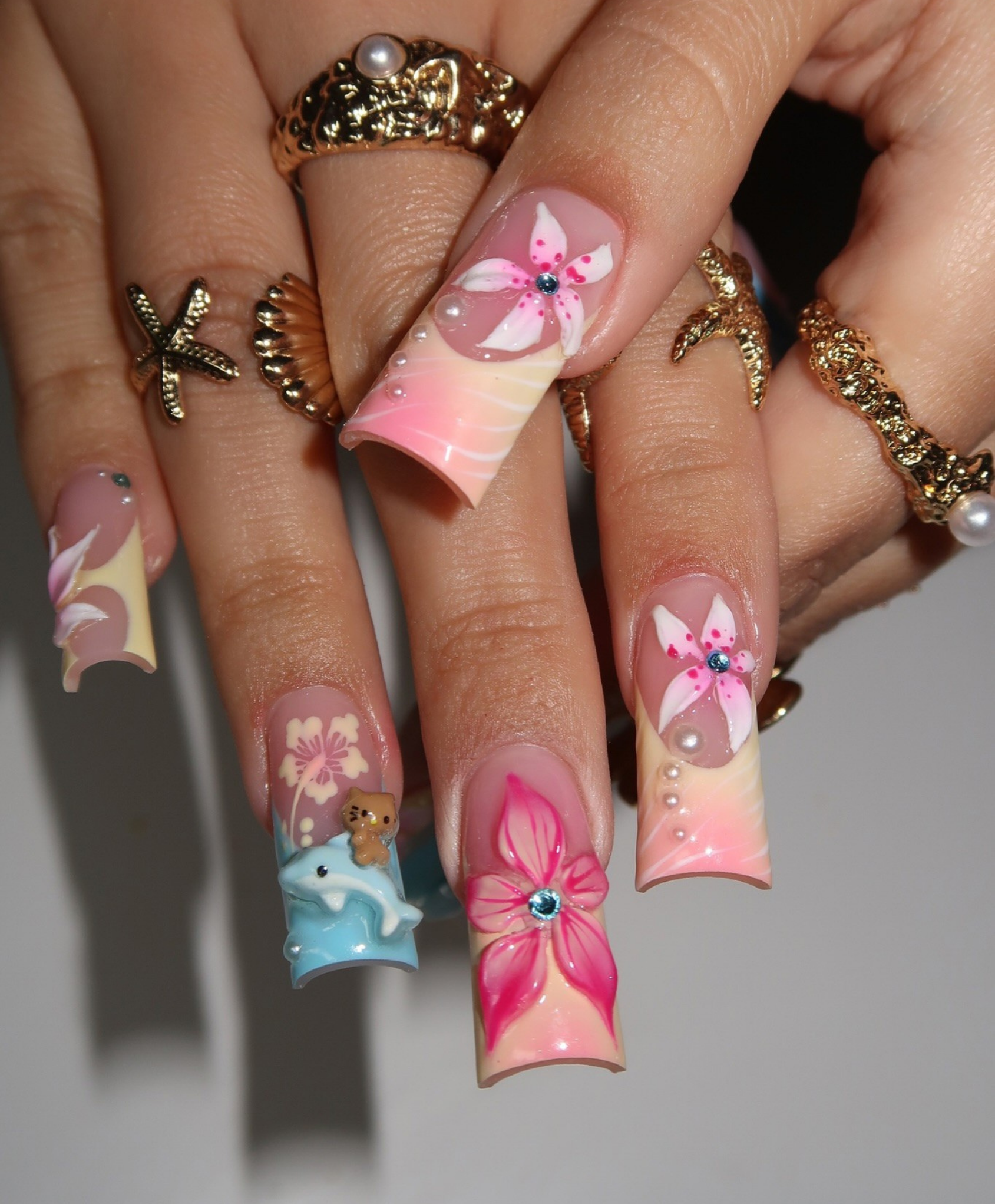 Handmade 3D Dolphin & Kawaii Flower Press On Nails | Sculpted Hibiscus & Teddy Bear Luxury Fake Nails | Long Square Y2K Tropical Nails for Summer