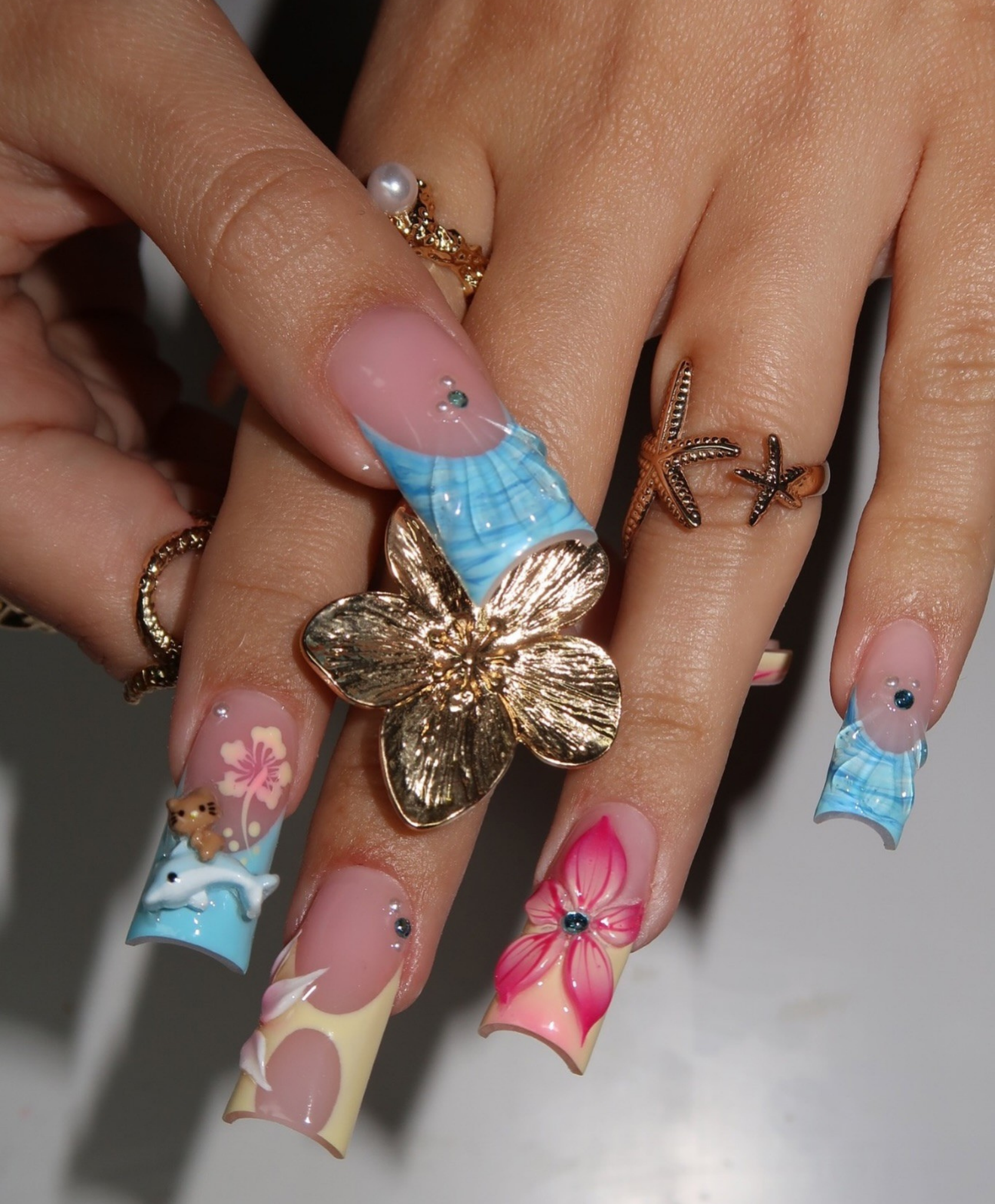 Handmade 3D Dolphin & Kawaii Flower Press On Nails | Sculpted Hibiscus & Teddy Bear Luxury Fake Nails | Long Square Y2K Tropical Nails for Summer