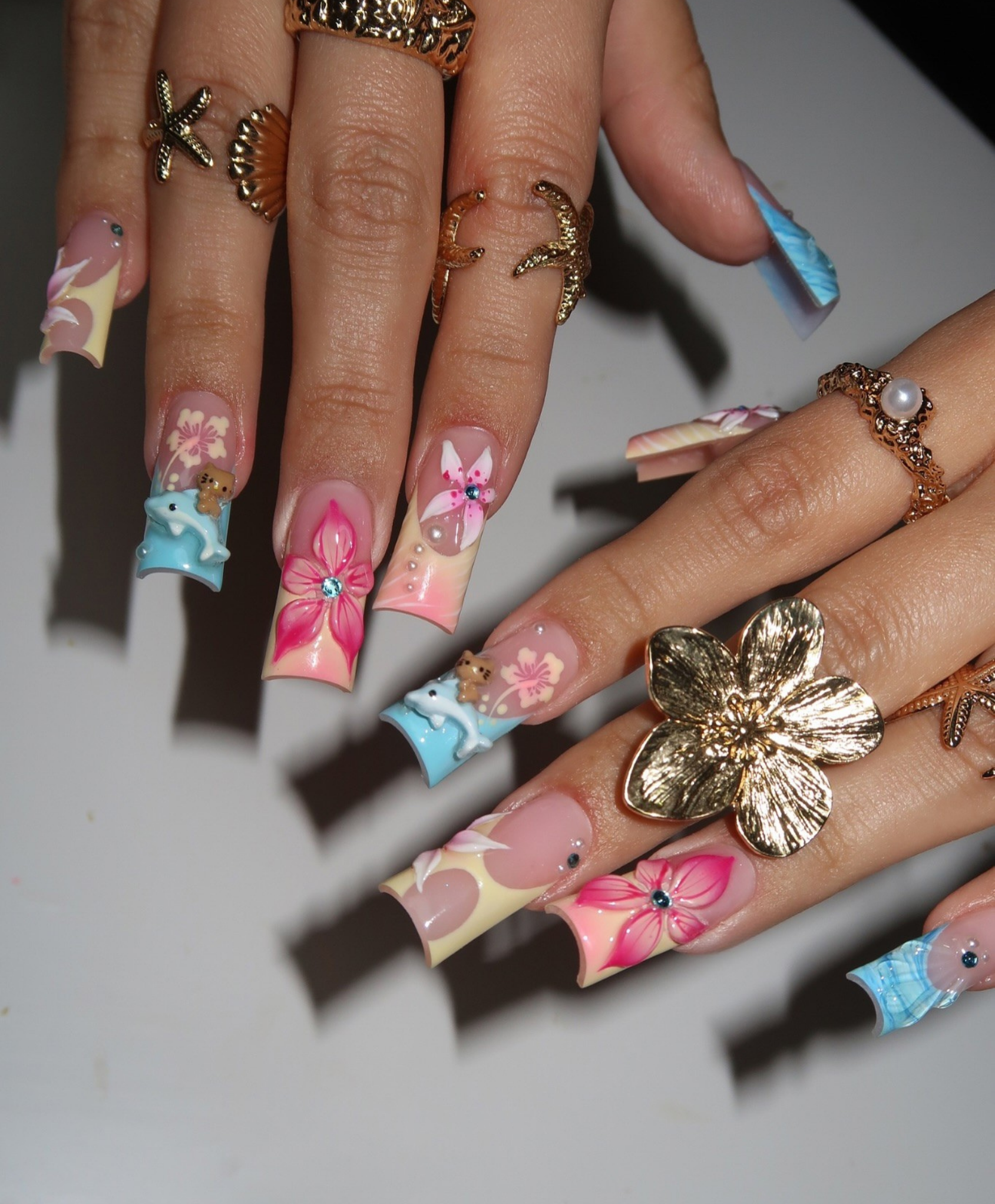 Handmade 3D Dolphin & Kawaii Flower Press On Nails | Sculpted Hibiscus & Teddy Bear Luxury Fake Nails | Long Square Y2K Tropical Nails for Summer