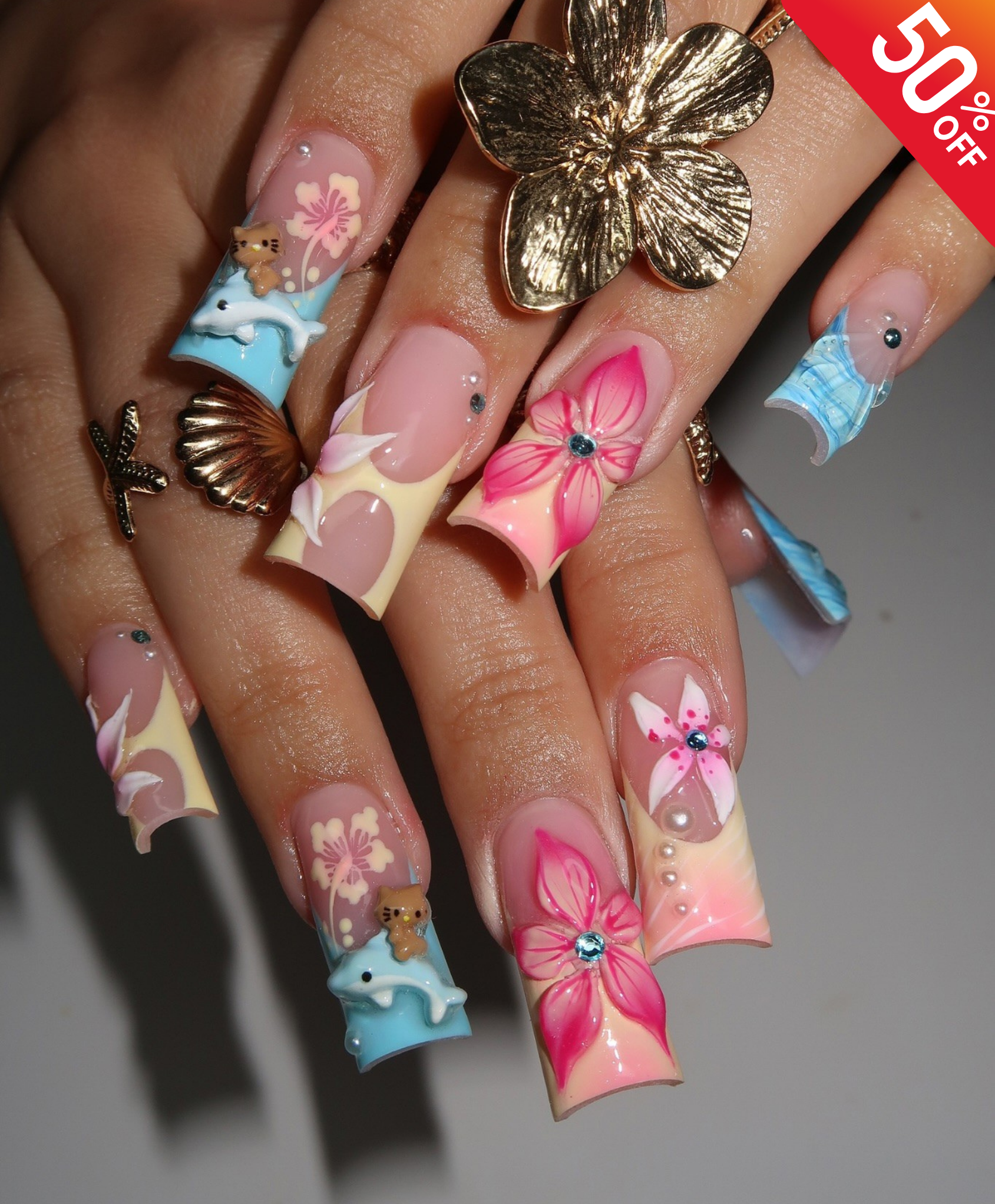 Handmade 3D Dolphin & Kawaii Flower Press On Nails | Sculpted Hibiscus & Teddy Bear Luxury Fake Nails | Long Square Y2K Tropical Nails for Summer