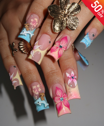 Handmade 3D Dolphin & Kawaii Flower Press On Nails | Sculpted Hibiscus & Teddy Bear Luxury Fake Nails | Long Square Y2K Tropical Nails for Summer