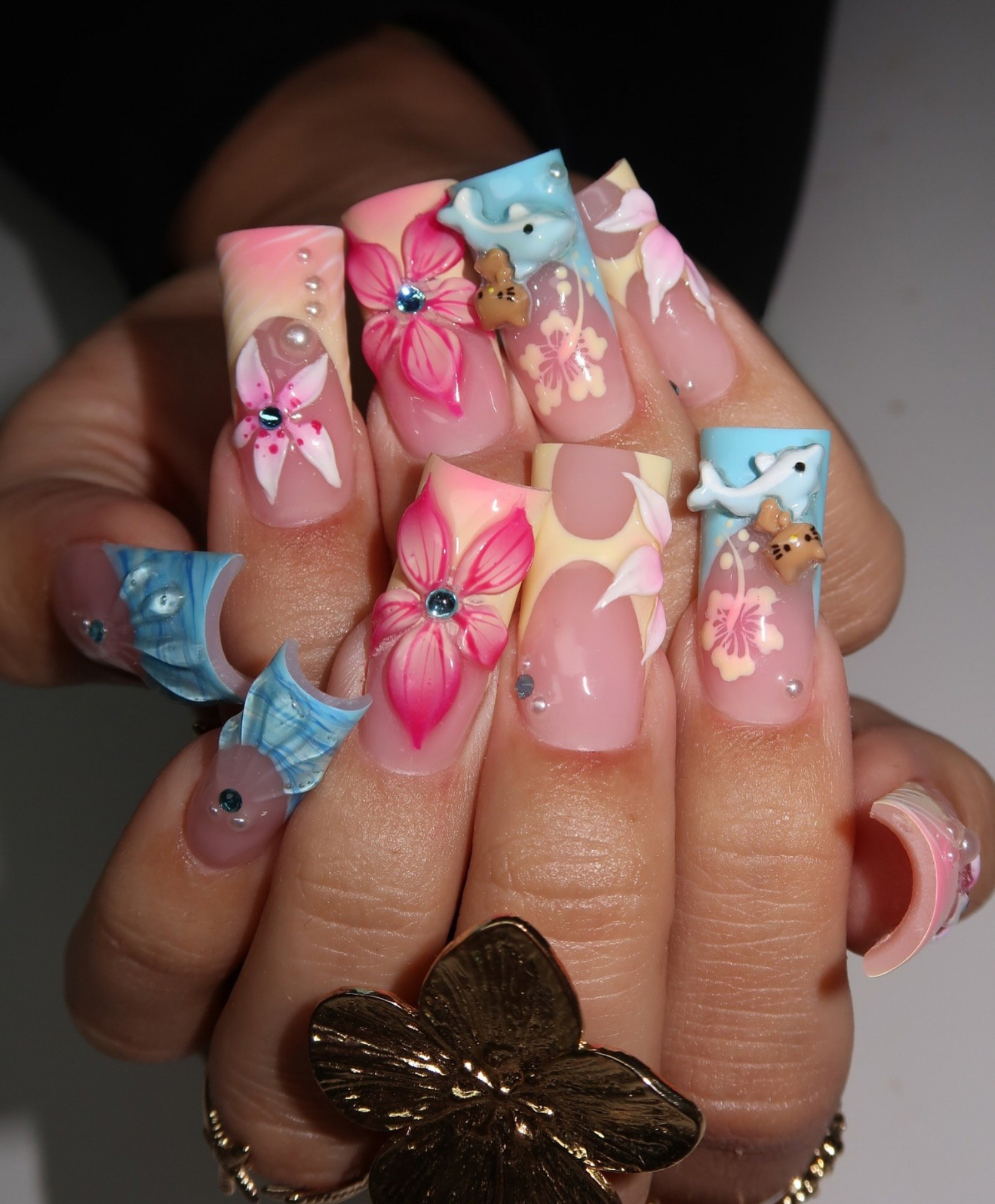 Handmade 3D Dolphin & Kawaii Flower Press On Nails | Sculpted Hibiscus & Teddy Bear Luxury Fake Nails | Long Square Y2K Tropical Nails for Summer