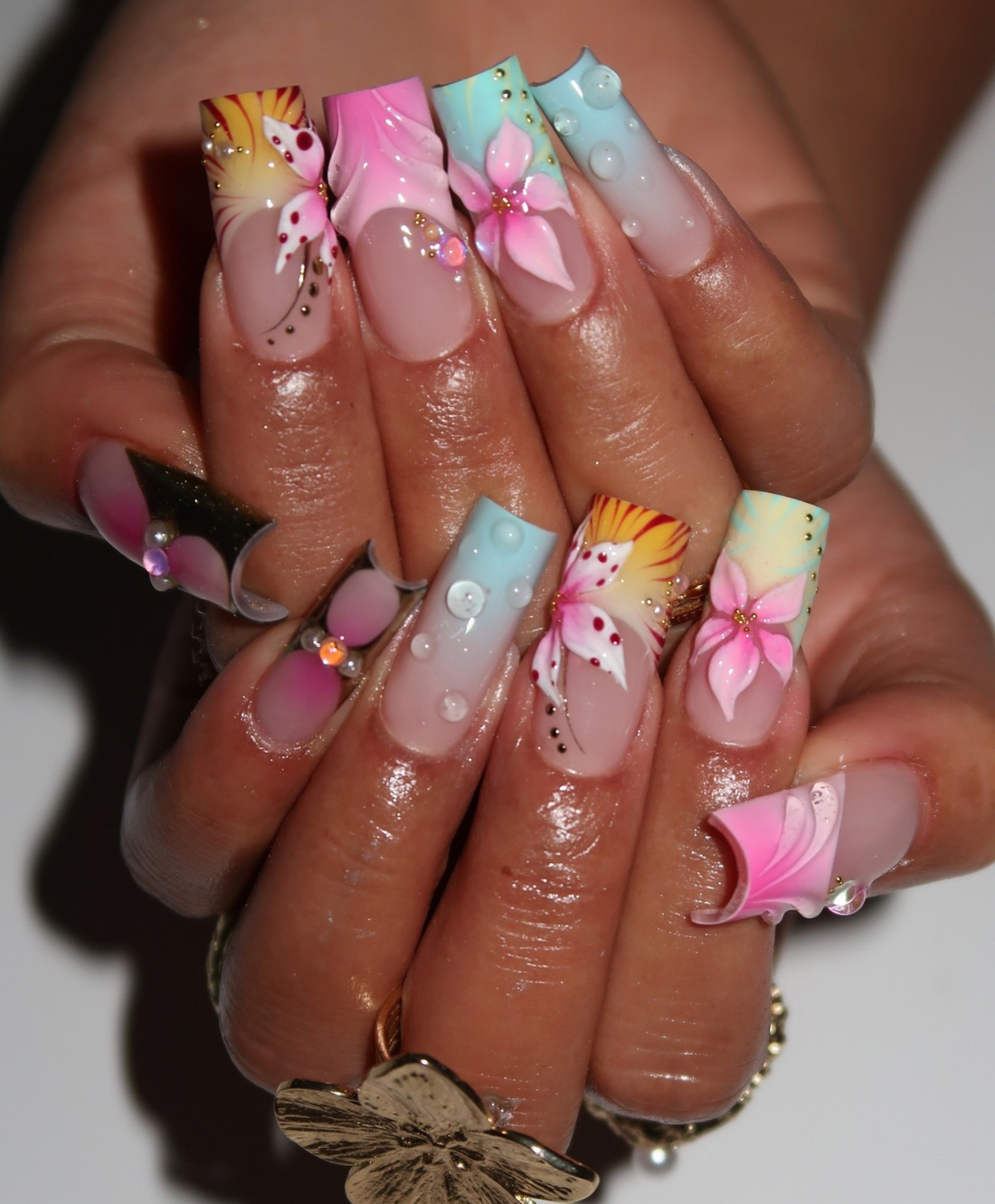 Handmade 3D Tropical Hibiscus Press On Nails | Sculpted Shell & Water Droplet Luxury Fake Nails | Long Square Pastel Summer Nails for Vacation