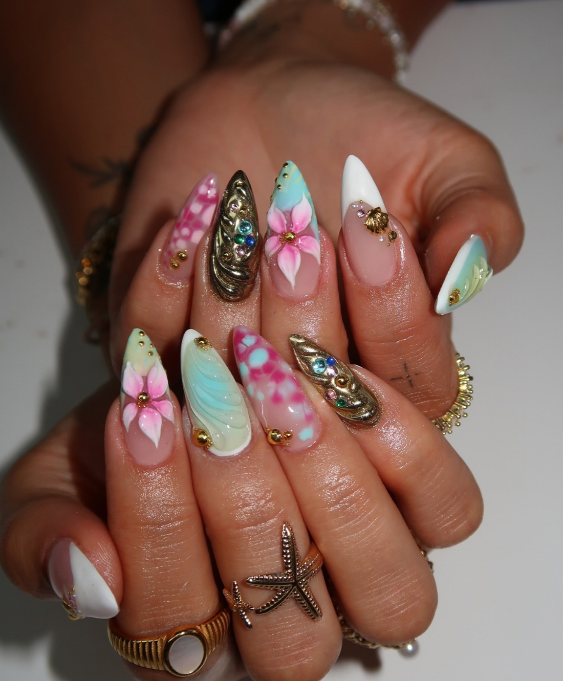 Handmade 3D Liquid Gold & Mermaid Shell Press On Nails | Sculpted Pink Flower Luxury Fake Nails | Long Stiletto Avant-Garde Nails for Festival