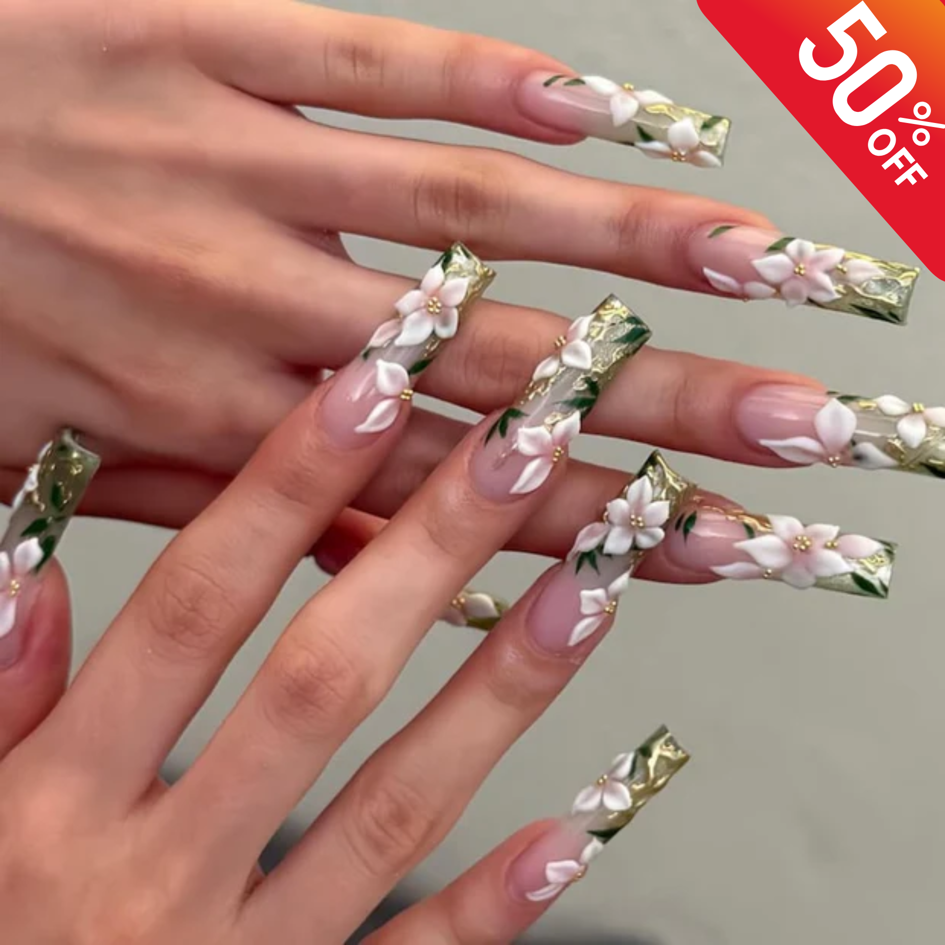 Enchanted Floral Press On Nails | Luxury 3D White Floral Nail Art | Green & Gold Coffin Nails | Elegant Wedding Nails