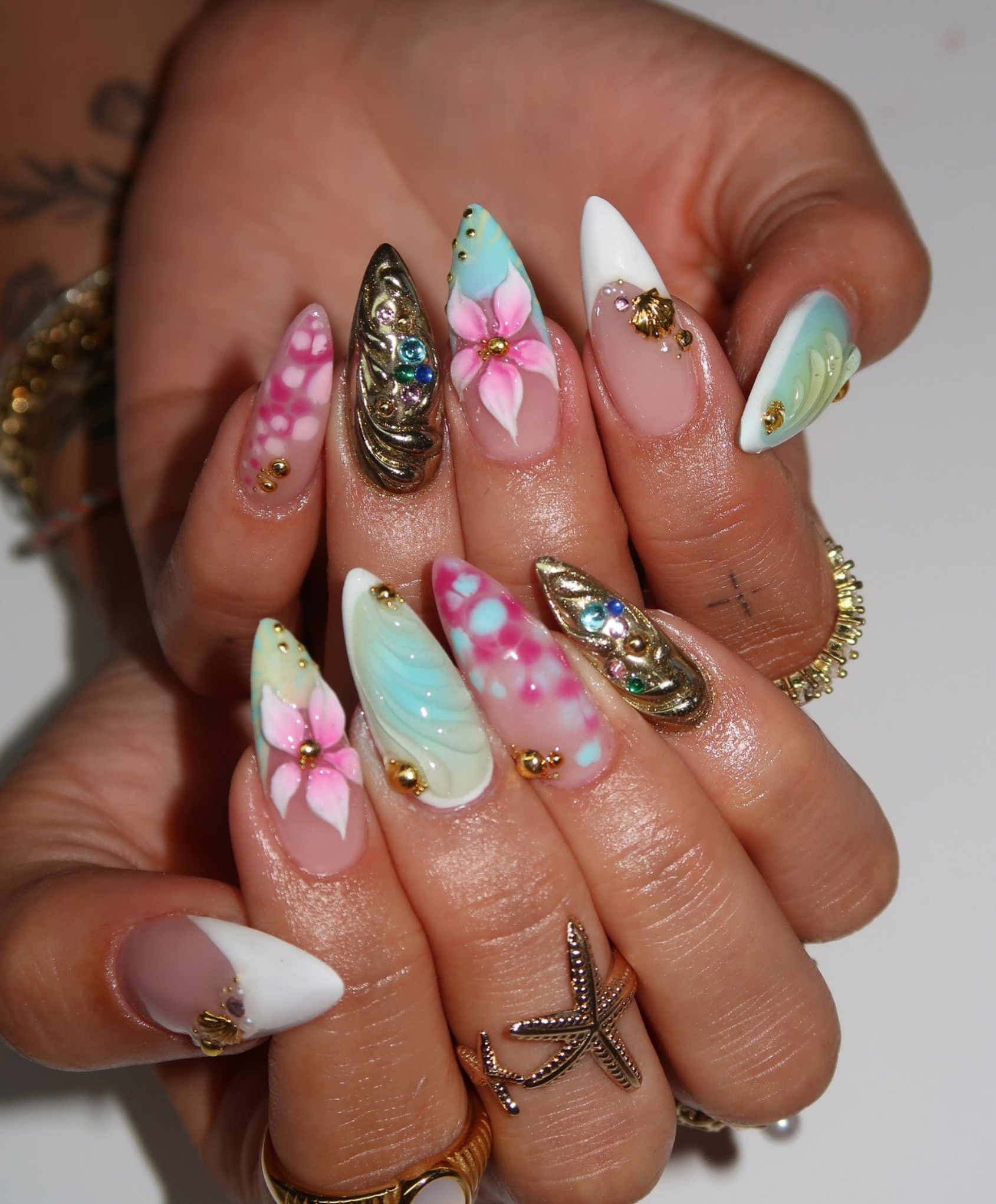 Handmade 3D Liquid Gold & Mermaid Shell Press On Nails | Sculpted Pink Flower Luxury Fake Nails | Long Stiletto Avant-Garde Nails for Festival