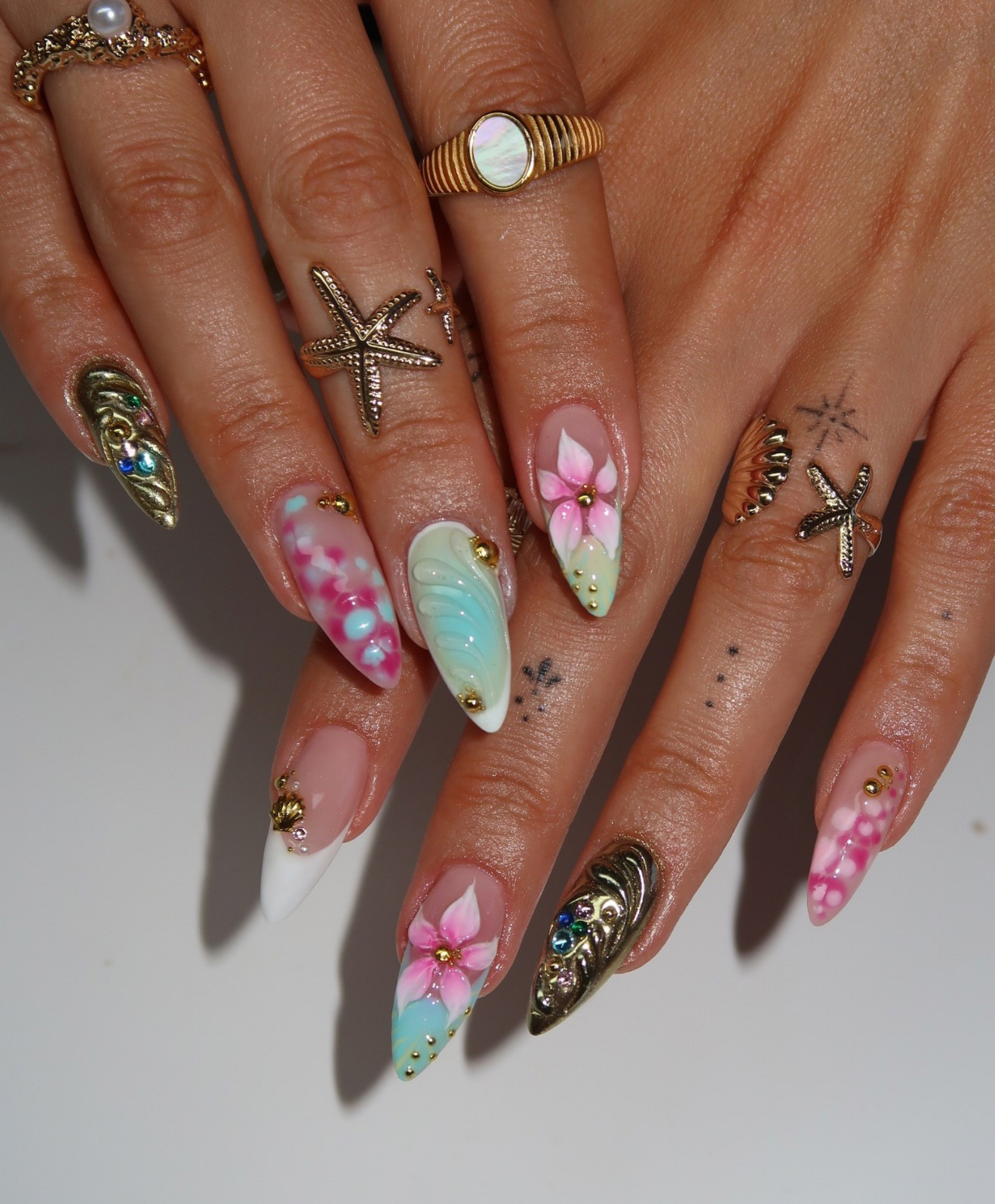 Handmade 3D Liquid Gold & Mermaid Shell Press On Nails | Sculpted Pink Flower Luxury Fake Nails | Long Stiletto Avant-Garde Nails for Festival