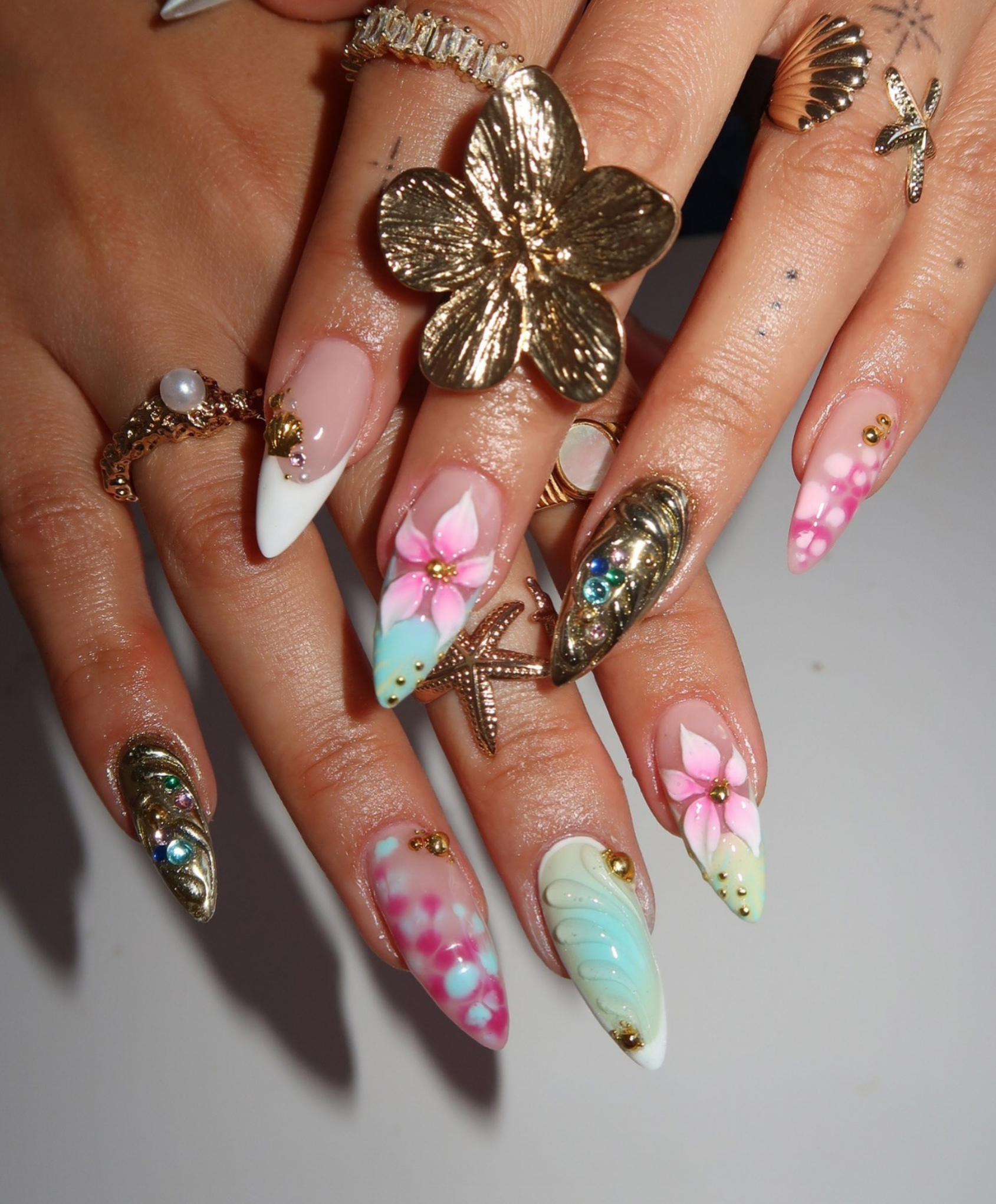 Handmade 3D Liquid Gold & Mermaid Shell Press On Nails | Sculpted Pink Flower Luxury Fake Nails | Long Stiletto Avant-Garde Nails for Festival