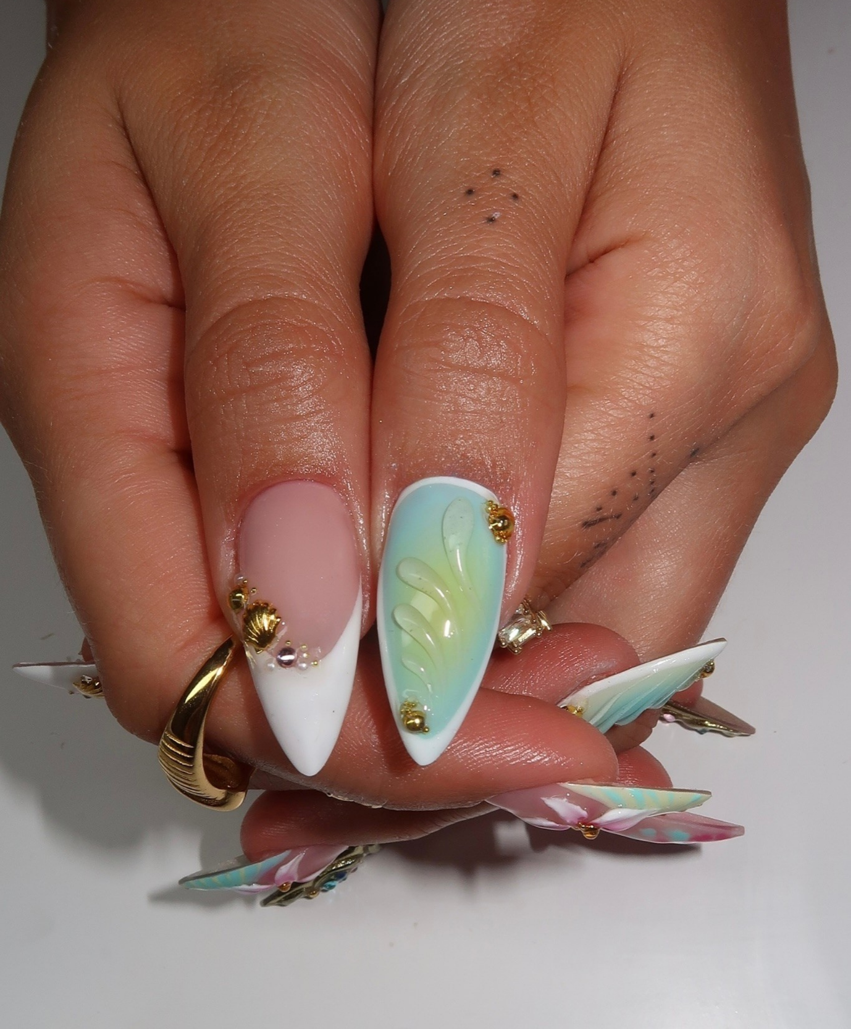 Handmade 3D Liquid Gold & Mermaid Shell Press On Nails | Sculpted Pink Flower Luxury Fake Nails | Long Stiletto Avant-Garde Nails for Festival