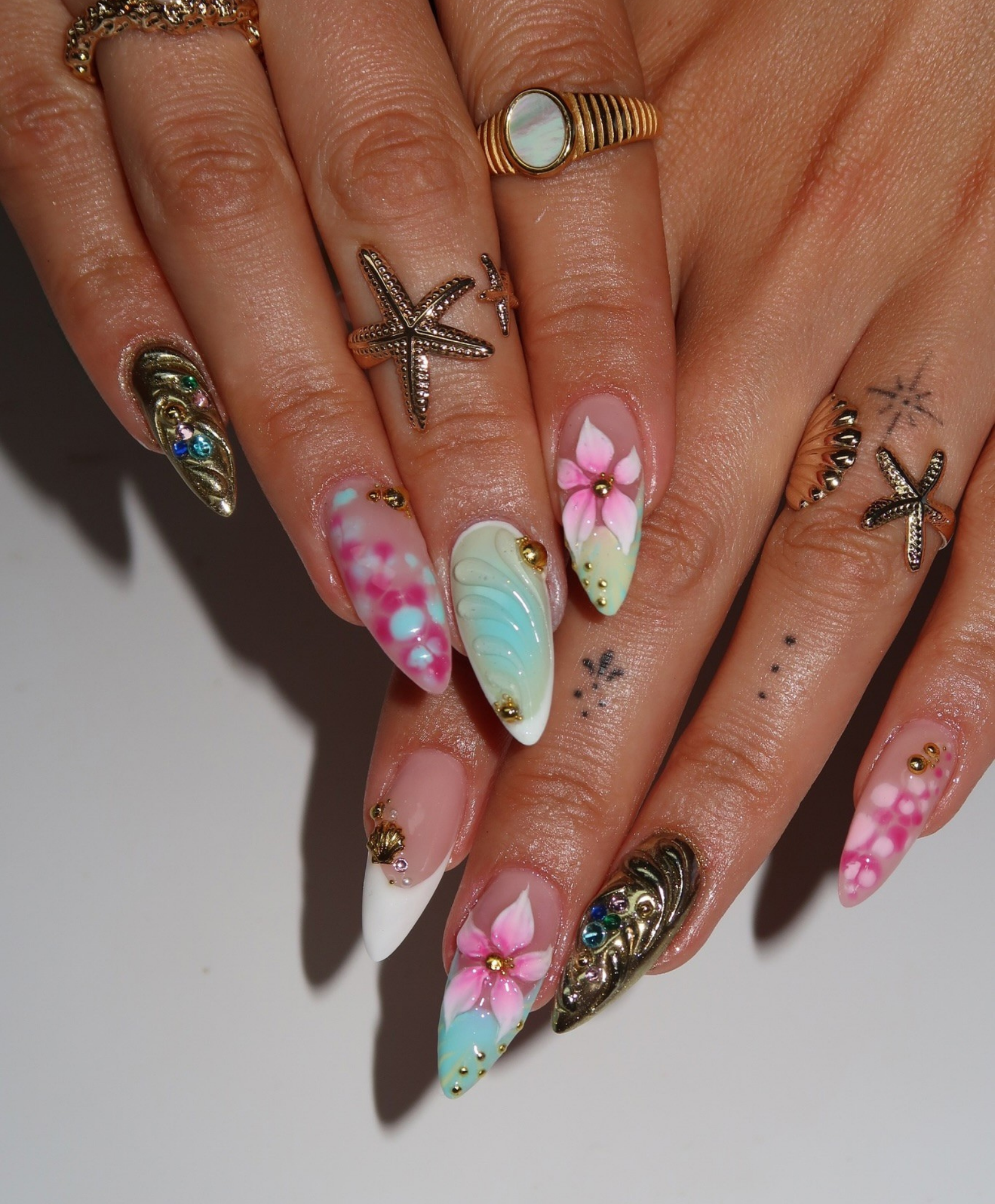 Handmade 3D Liquid Gold & Mermaid Shell Press On Nails | Sculpted Pink Flower Luxury Fake Nails | Long Stiletto Avant-Garde Nails for Festival