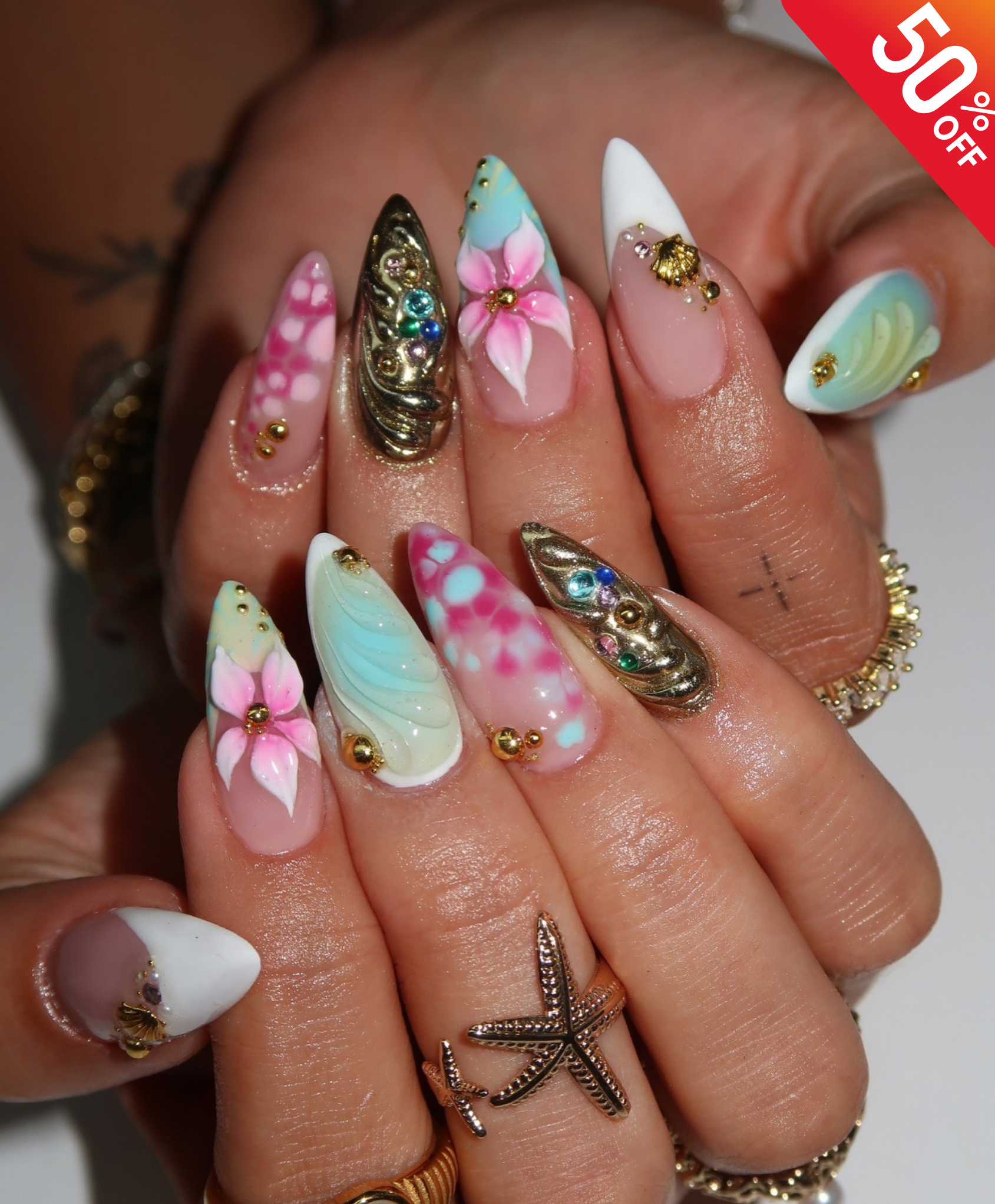 Handmade 3D Liquid Gold & Mermaid Shell Press On Nails | Sculpted Pink Flower Luxury Fake Nails | Long Stiletto Avant-Garde Nails for Festival