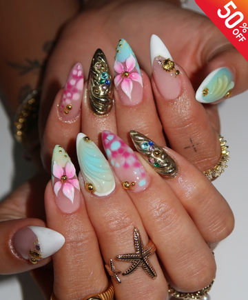 Handmade 3D Liquid Gold & Mermaid Shell Press On Nails | Sculpted Pink Flower Luxury Fake Nails | Long Stiletto Avant-Garde Nails for Festival