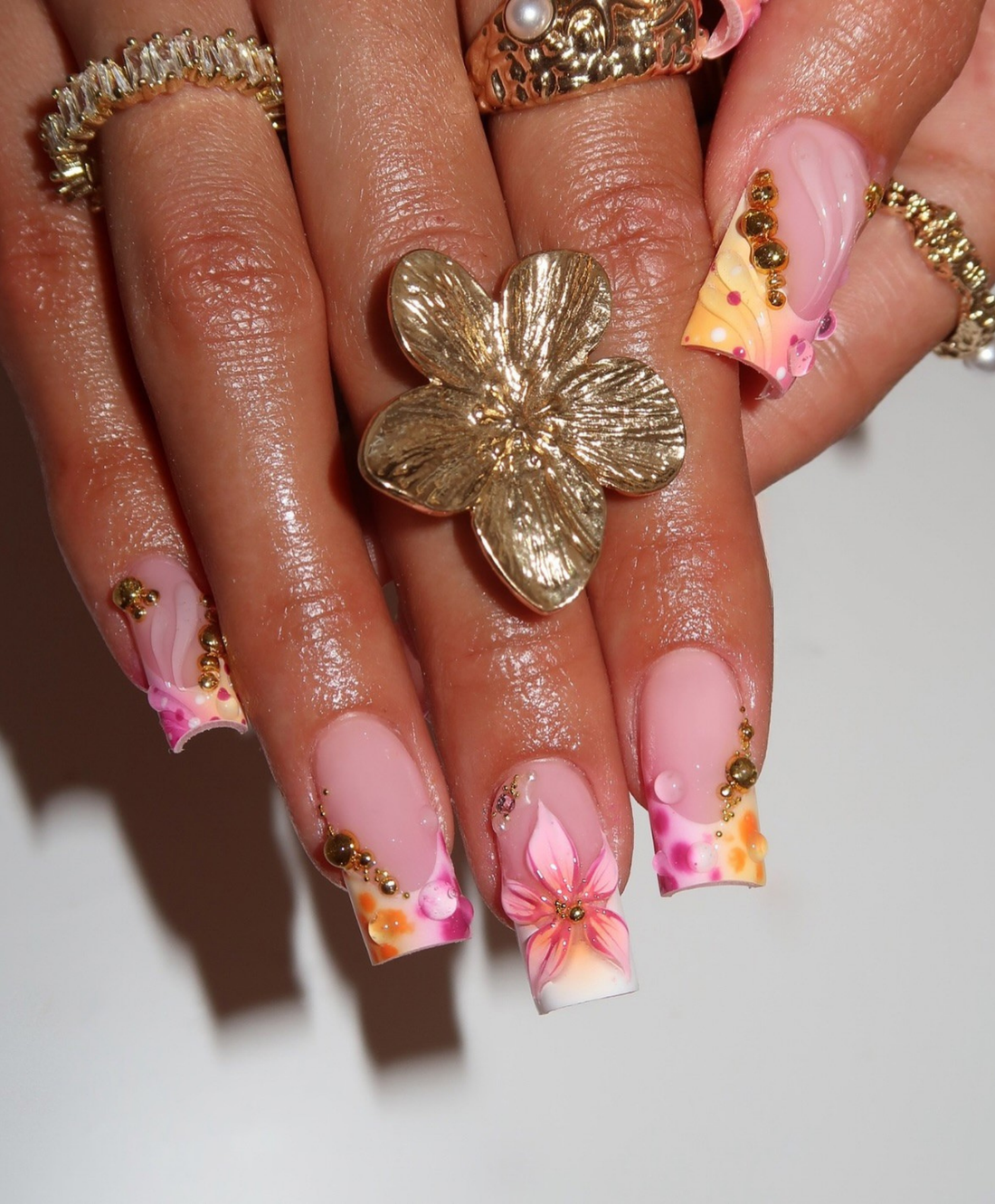 Handmade 3D Pink Tropical Flower Press On Nails | Sculpted Shell & Water Droplet Luxury Fake Nails | Long Square Sunset Nails for Summer Vacation