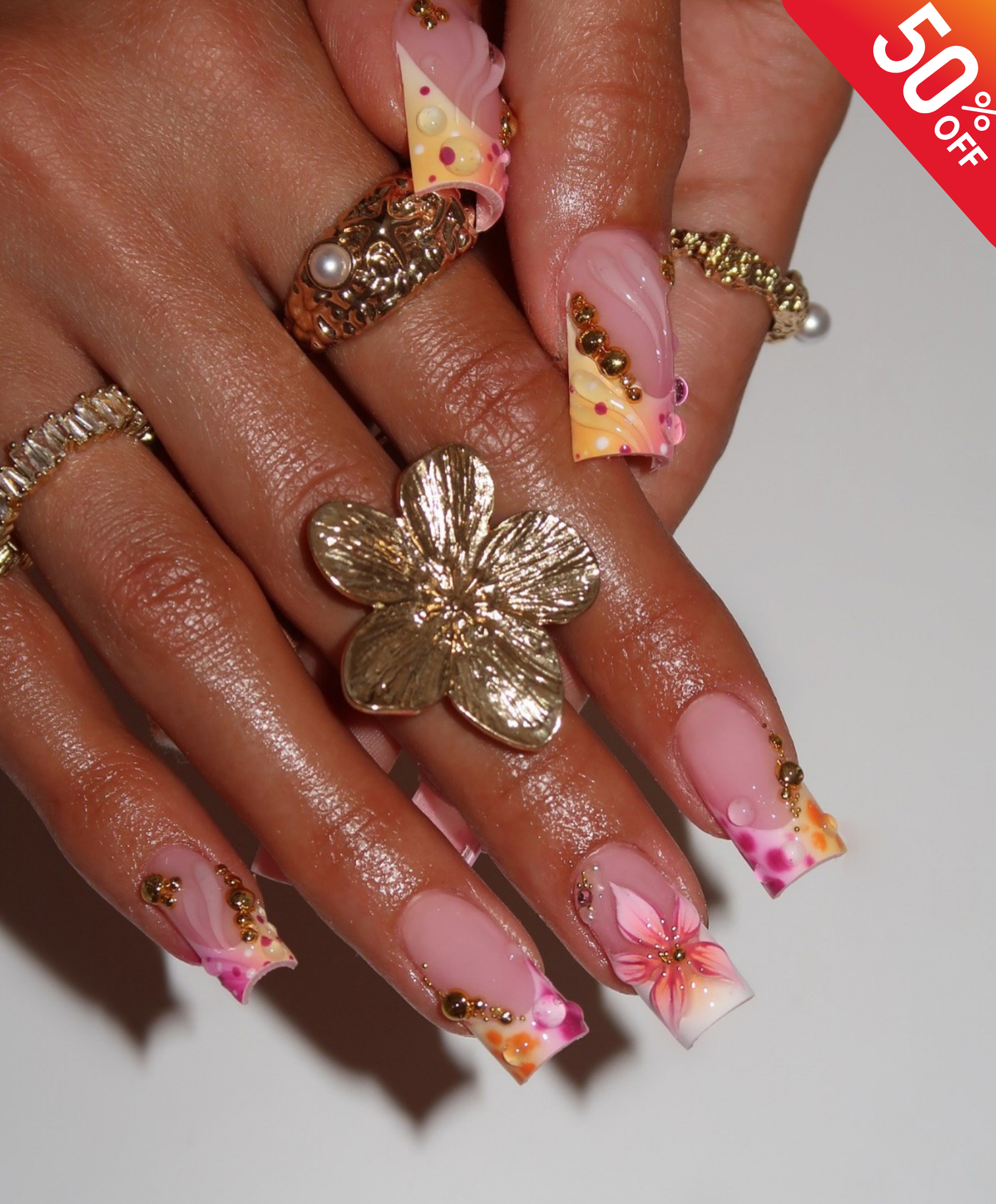Handmade 3D Pink Tropical Flower Press On Nails | Sculpted Shell & Water Droplet Luxury Fake Nails | Long Square Sunset Nails for Summer Vacation