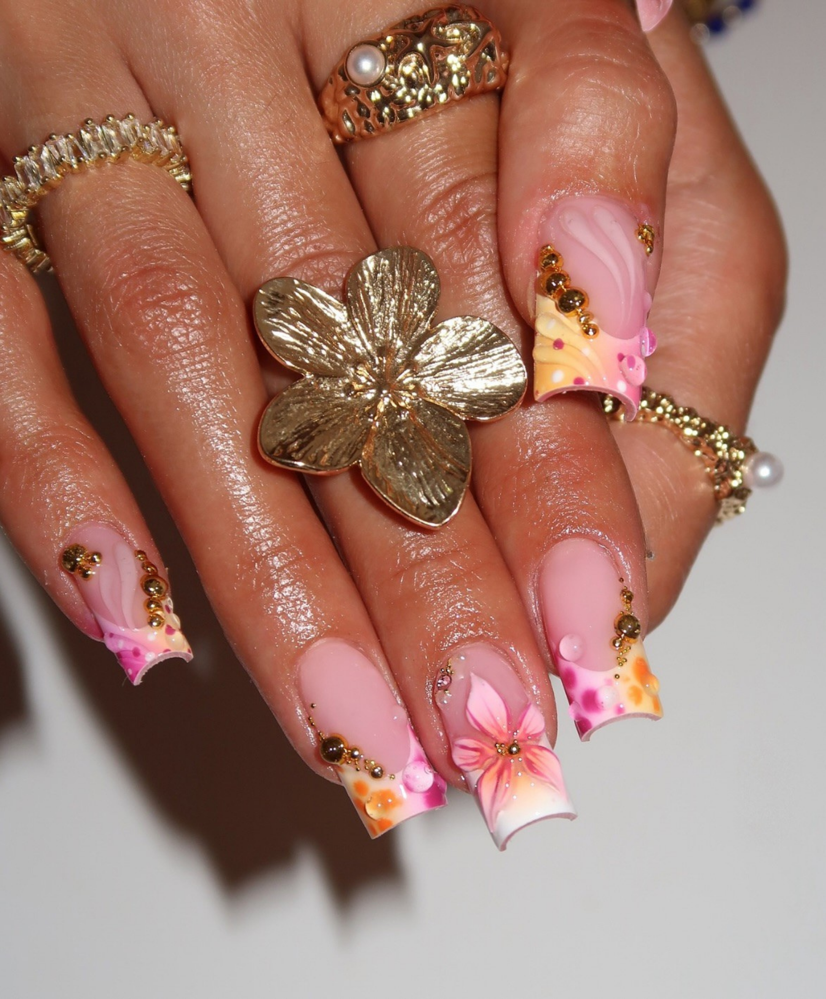 Handmade 3D Pink Tropical Flower Press On Nails | Sculpted Shell & Water Droplet Luxury Fake Nails | Long Square Sunset Nails for Summer Vacation