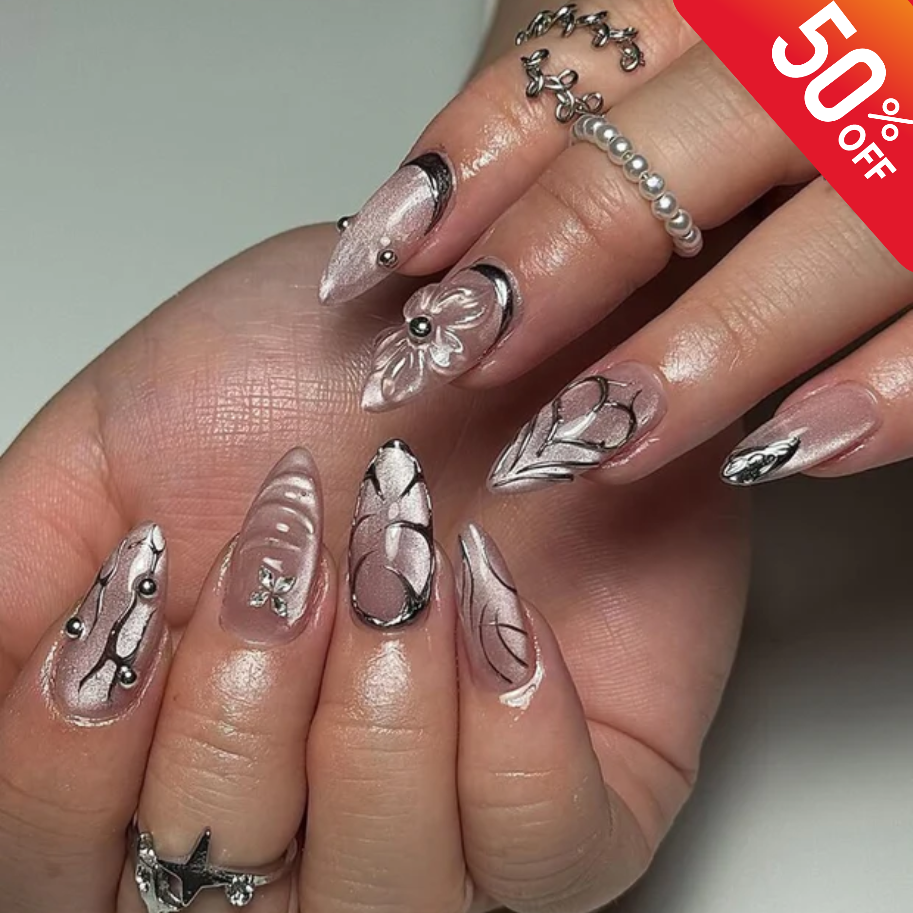 Gothic Silver Bloom Press On Nails | Metallic Floral Nail Art | 3D Chrome Accents | Elegant Gothic Statement Nails