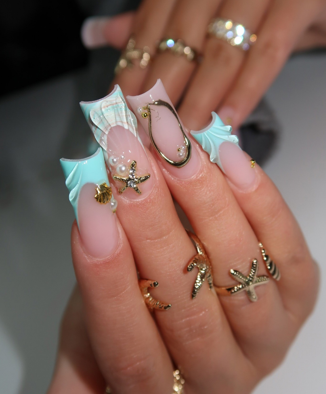 Handmade 3D Tiffany Blue Mermaid Press On Nails | Liquid Gold Frame & Starfish Luxury Fake Nails | Long Square Beach Nails for Summer Cruise