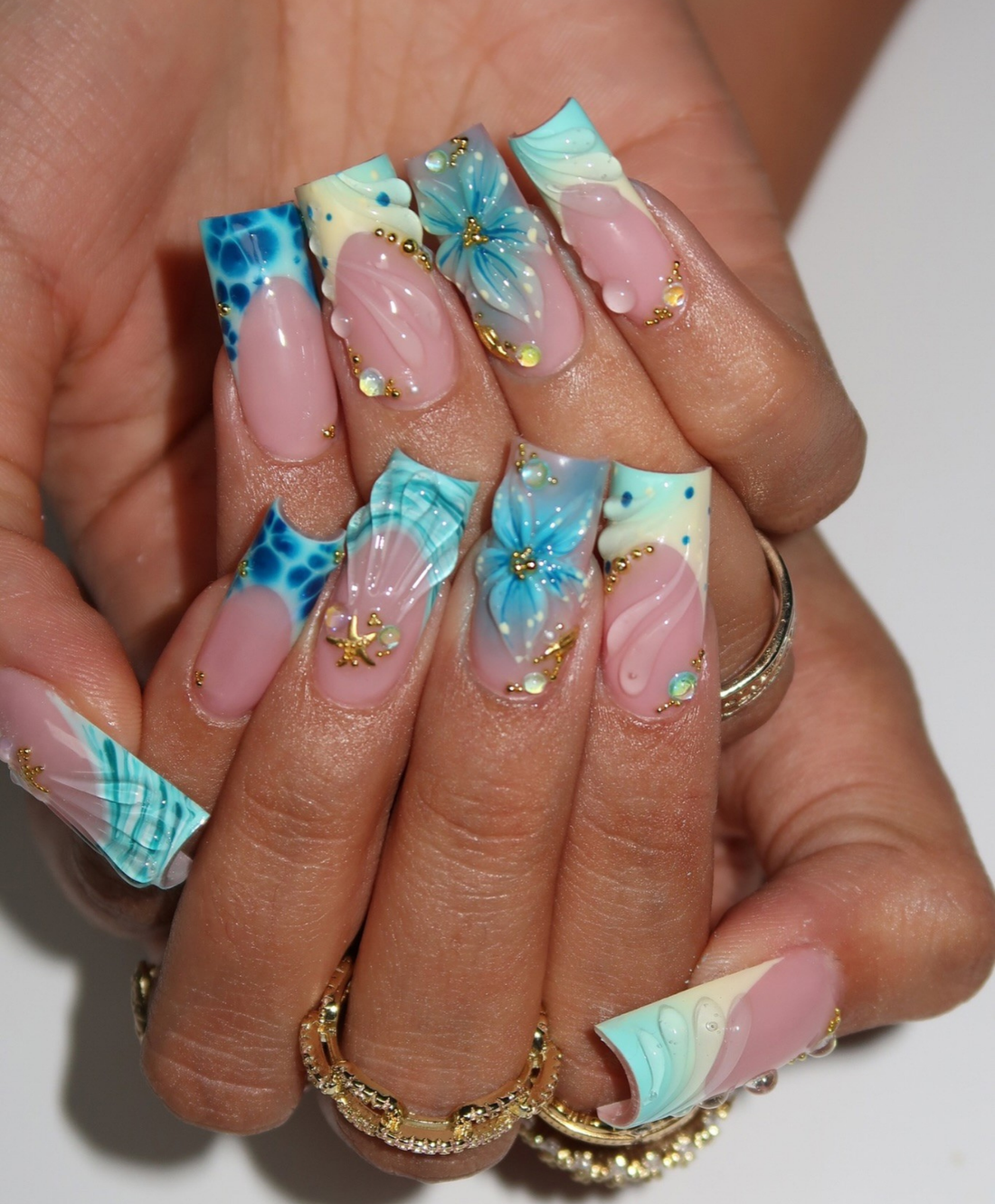 Handmade 3D Tiffany Blue Mermaid Press On Nails | Pool Water Ripple & Shell Luxury Fake Nails | Long Square Starfish Nails for Summer Vacation