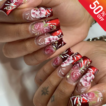 Burgundy Floral Press On Nails | 3D Rose Nail Art with Gems Nails | Floral Handpainted Rose Nails | Floral Wedding Press Ons