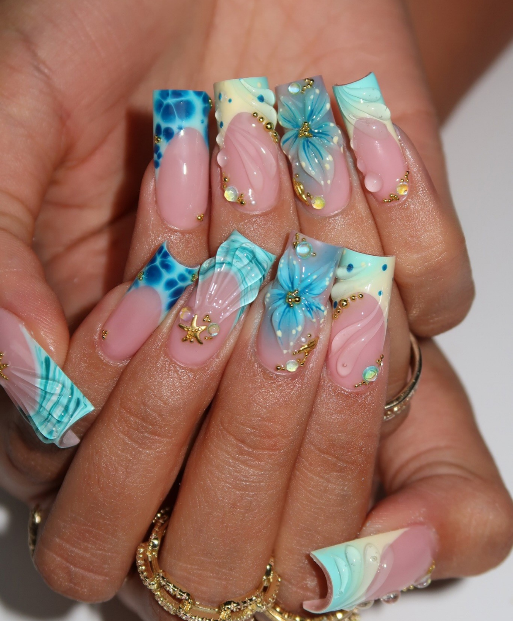 Handmade 3D Tiffany Blue Mermaid Press On Nails | Pool Water Ripple & Shell Luxury Fake Nails | Long Square Starfish Nails for Summer Vacation