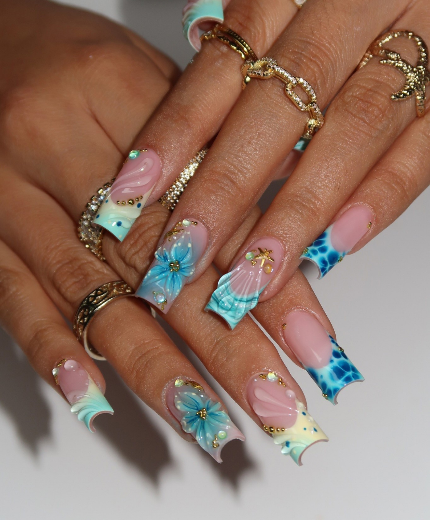 Handmade 3D Tiffany Blue Mermaid Press On Nails | Pool Water Ripple & Shell Luxury Fake Nails | Long Square Starfish Nails for Summer Vacation