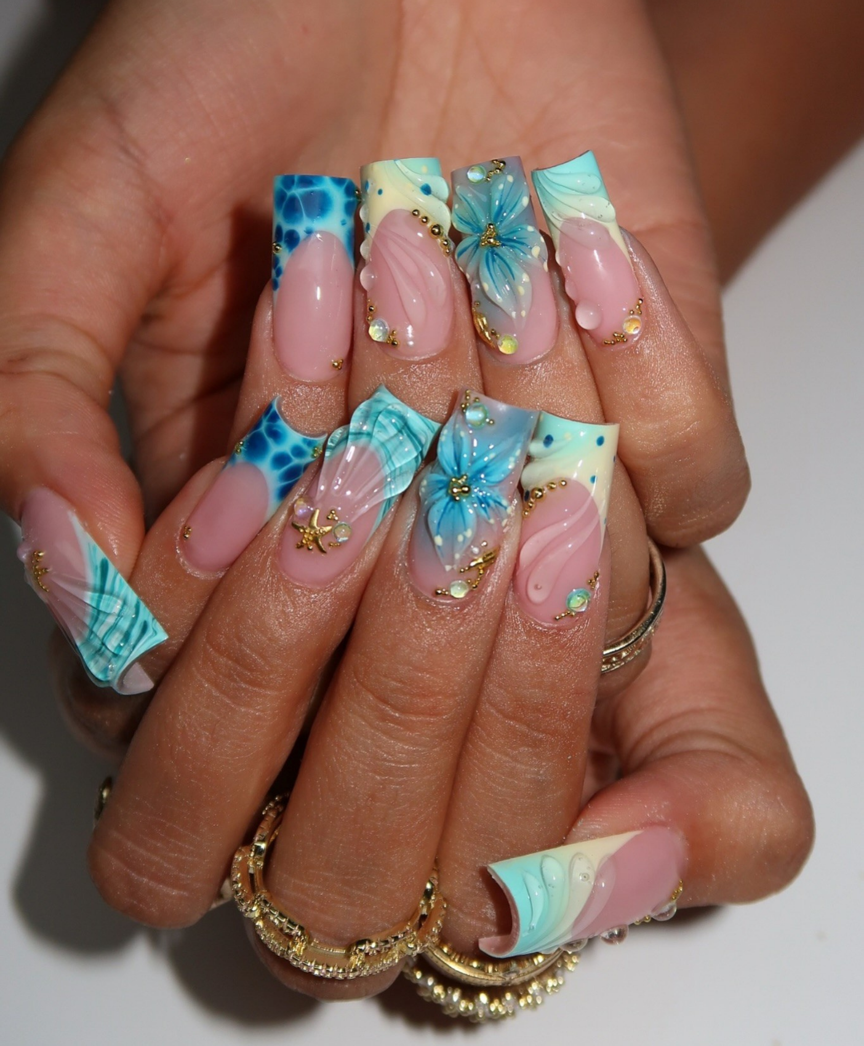 Handmade 3D Tiffany Blue Mermaid Press On Nails | Pool Water Ripple & Shell Luxury Fake Nails | Long Square Starfish Nails for Summer Vacation