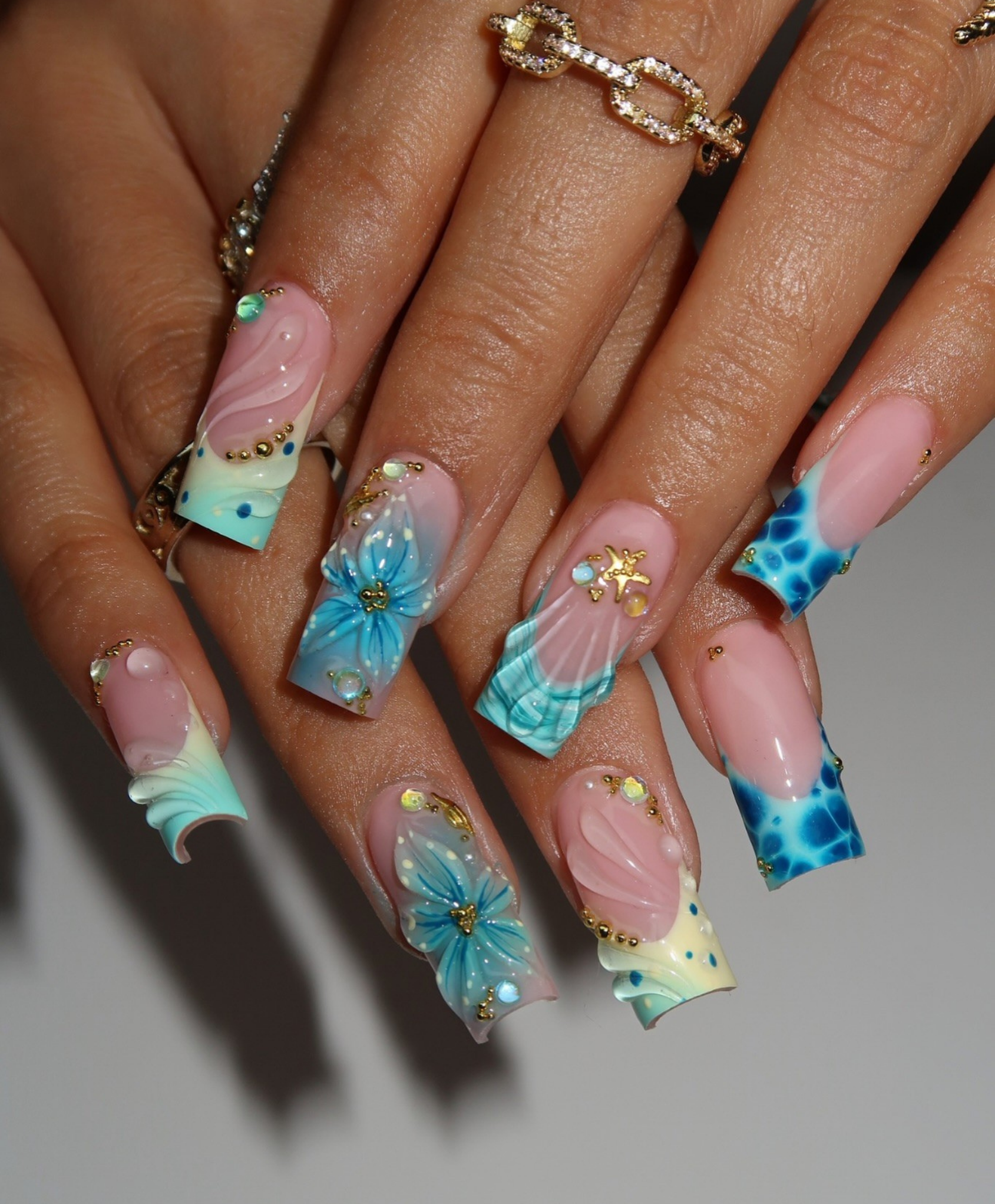 Handmade 3D Tiffany Blue Mermaid Press On Nails | Pool Water Ripple & Shell Luxury Fake Nails | Long Square Starfish Nails for Summer Vacation