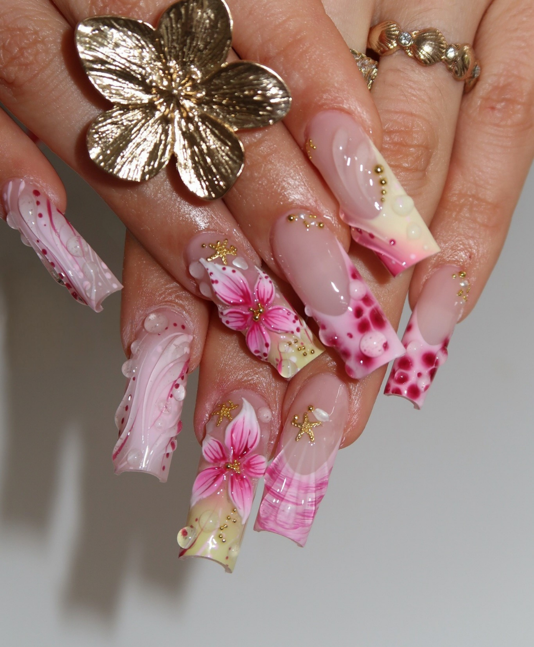 Handmade 3D Pink Tropical Flower Press On Nails | Sculpted Shell & Water Droplet Luxury Fake Nails | Long Square Mermaid Nails for Summer Vacation