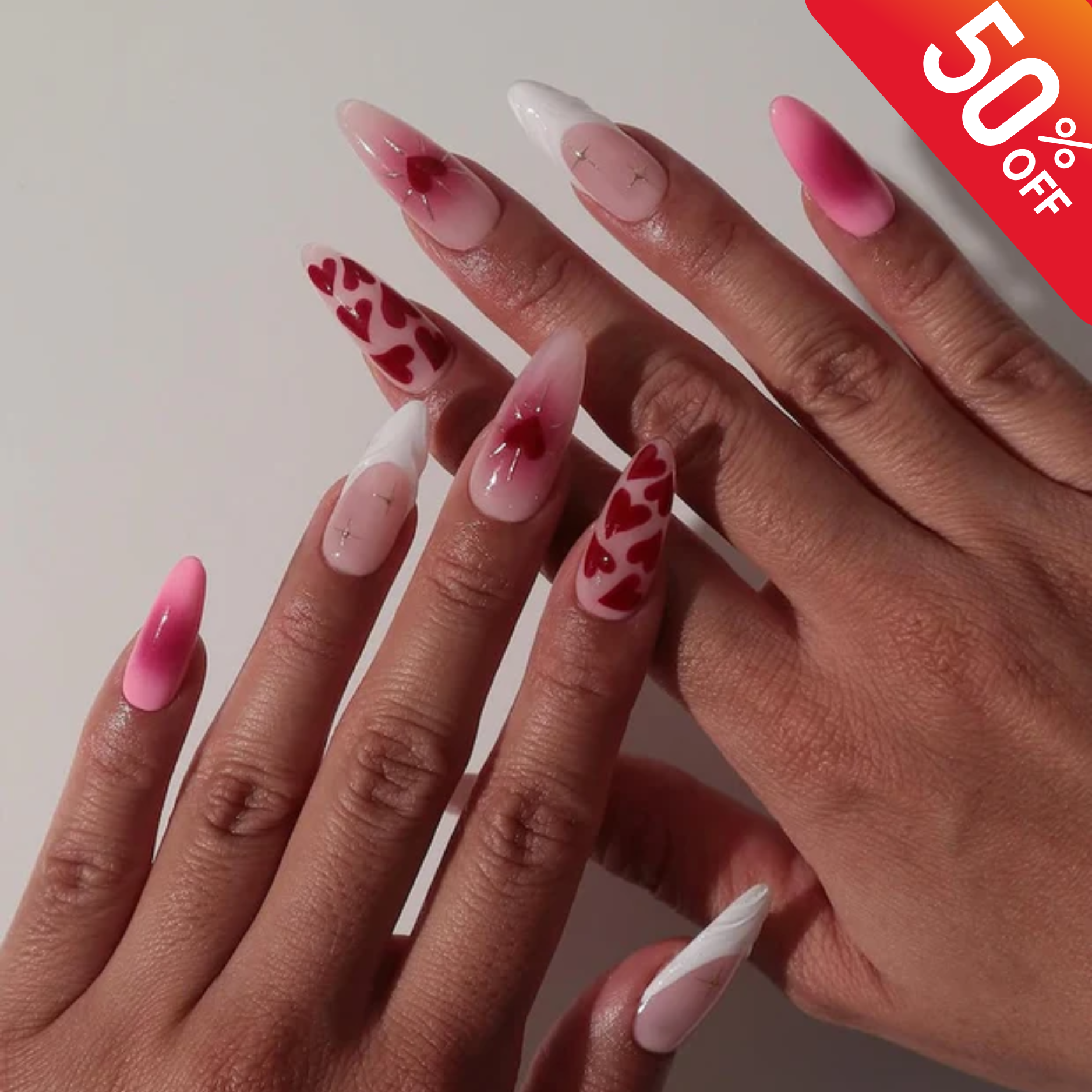 Valentine's Day Heart Press-On Nails | Pink and Red Heart Design | Handcrafted Love-Themed Nails for Valentine's Day | Romantic Nail