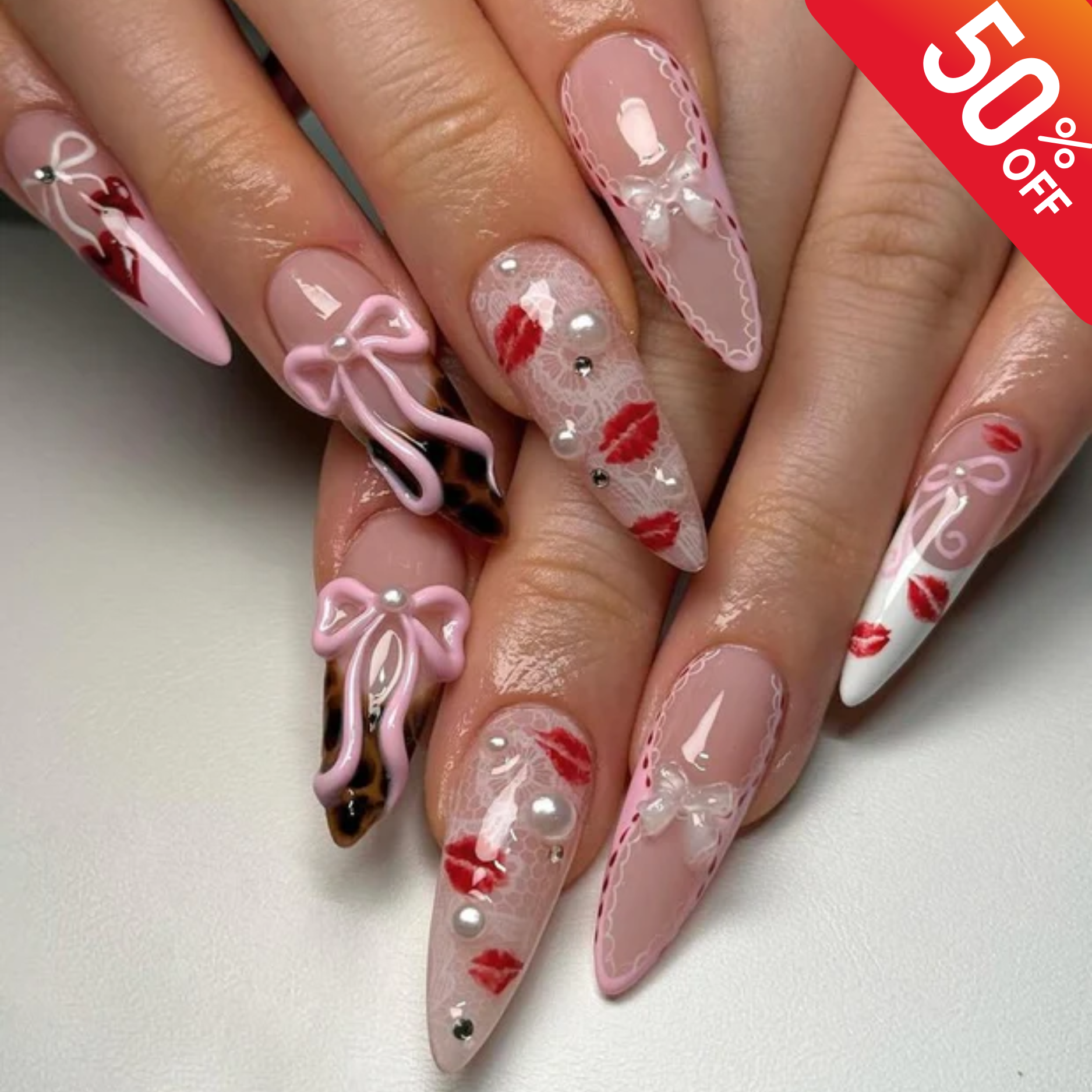 Pink Coquette Press On Nails, 3D Bow Nail Art with Lace and Red Kiss Accents, Cute Romantic Nails, Valentines nails