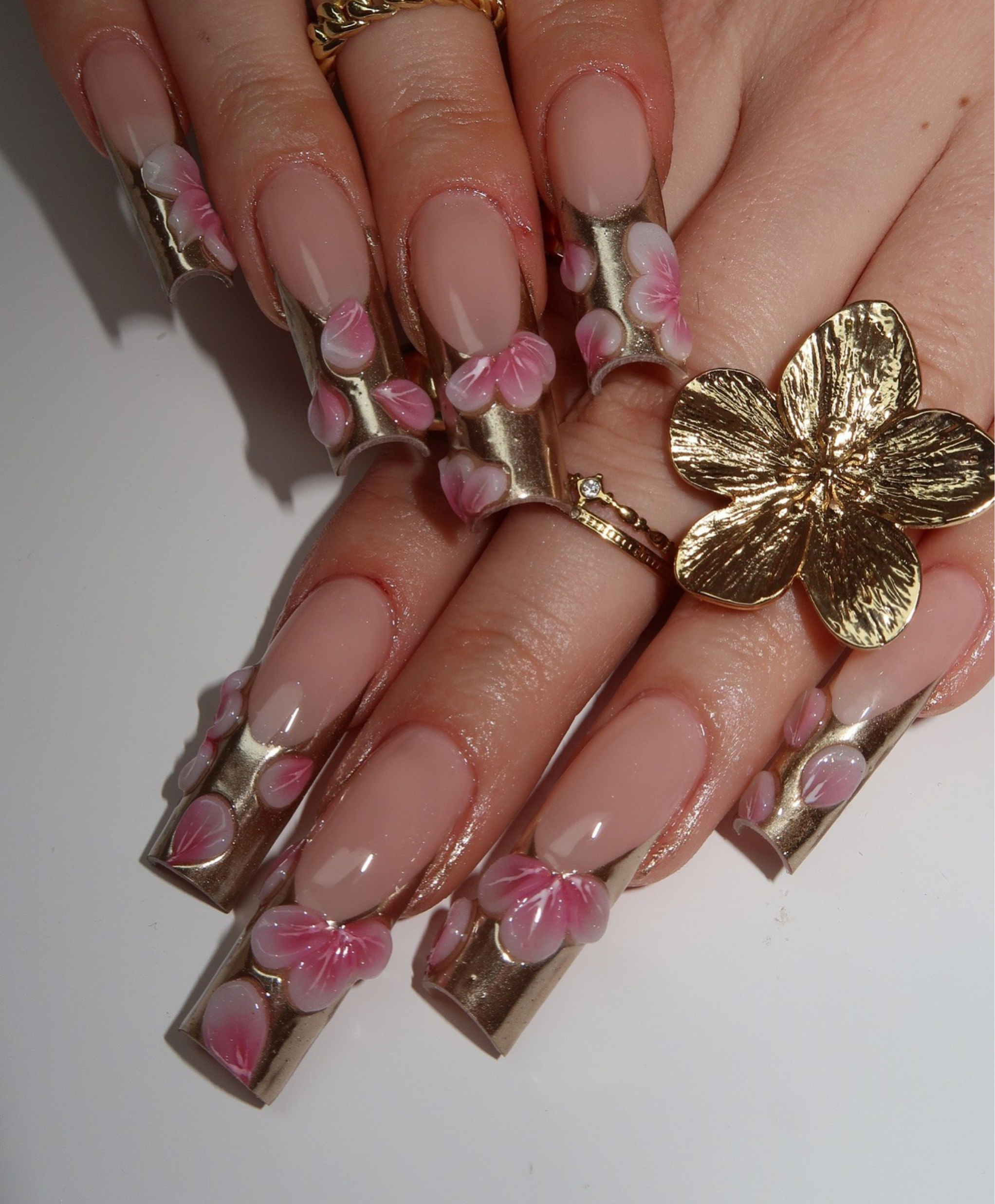 Luxury 3D Floral Gold Chrome Press On Nails | Long Square Nude & Metallic French Tip | Elegant Pink Flower Handmade Nail Set | Bridal Glam Nails
