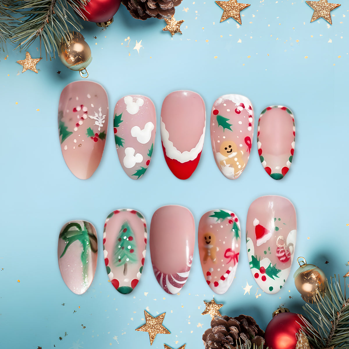 Christmas Mismatch Press-On Nails, Red &amp; Green Holiday Nail Set with Gingerbread, Holly &amp; Candy Cane Designs