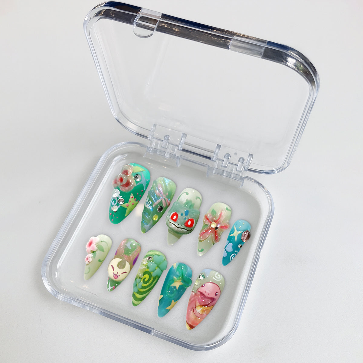 3D Pokémon Green Nails – Bulbasaur, Slowpoke &amp; Leafeon Press-On Nail Set, Cute Floral Design | Dragonnail