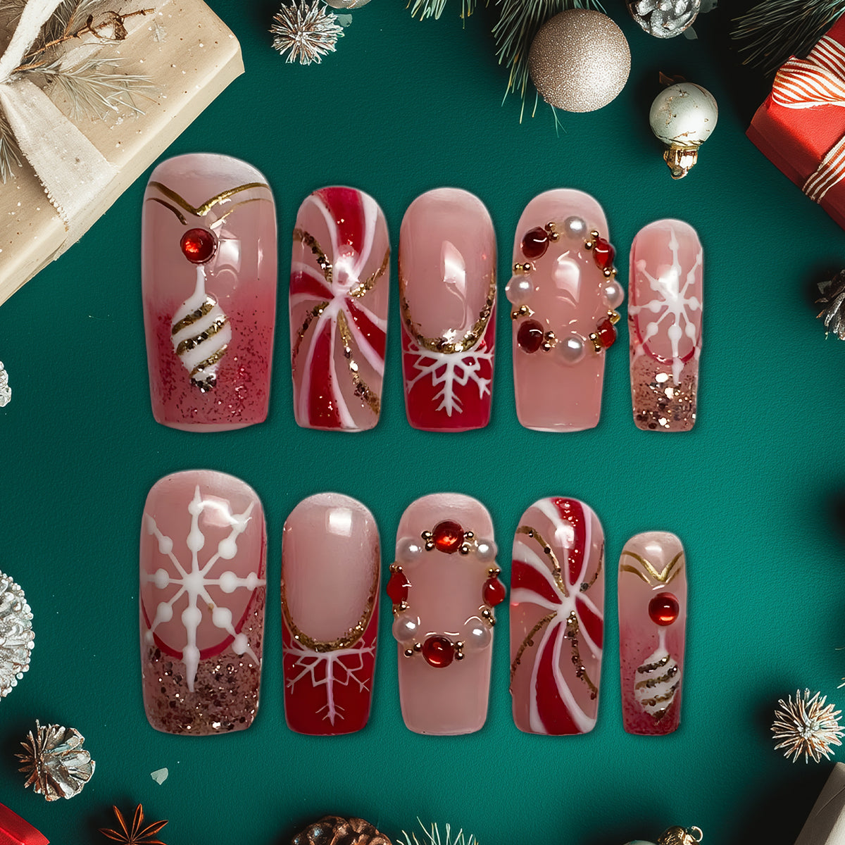 Red &amp; Gold Snowflake Press-On Nails, Christmas Ornament Nail Set with Pearls, Glitter &amp; Candy Swirl Design — Elegant Holiday Nail Art