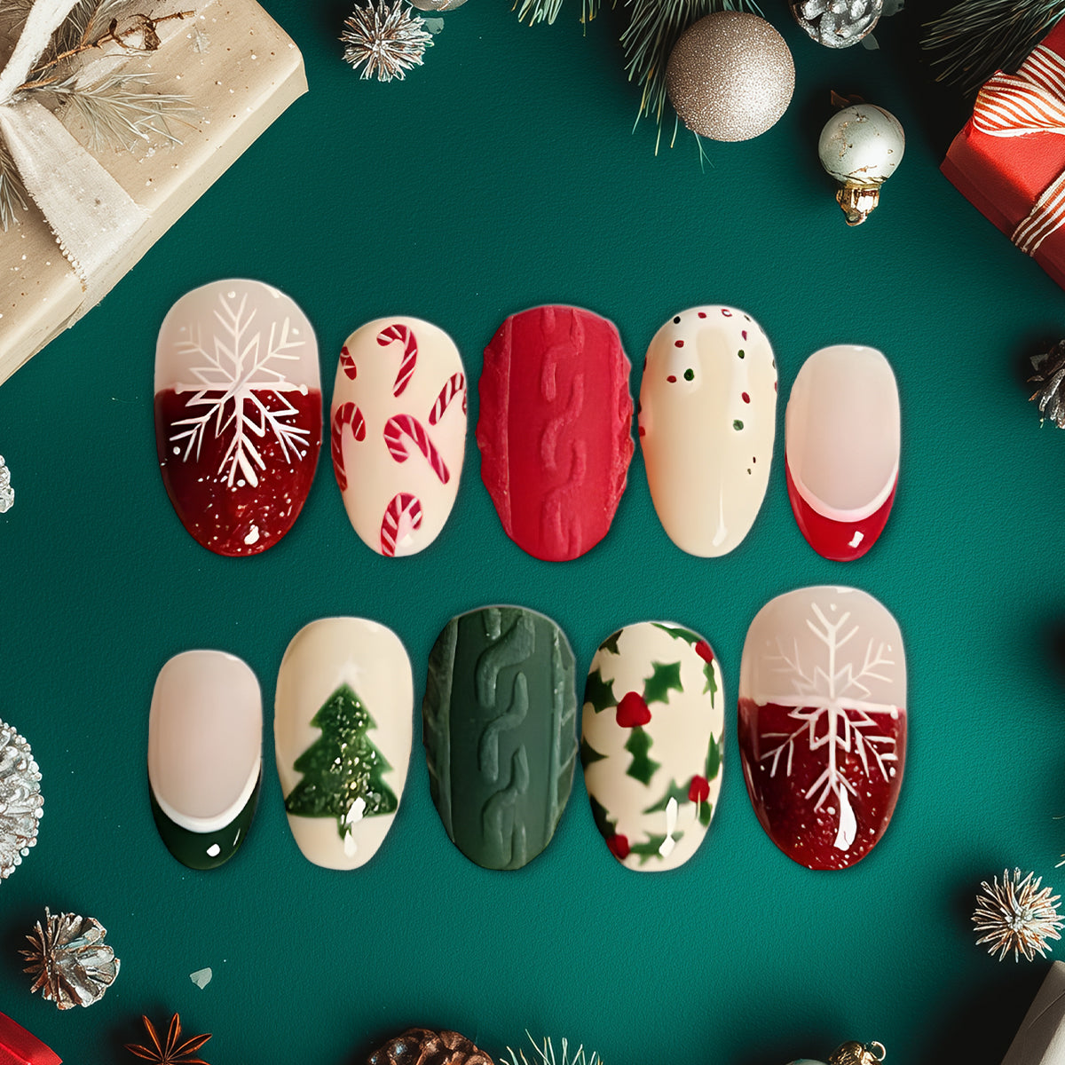 Red &amp; Green Christmas Press-On Nails, Holiday Sweater Nail Set with Tree, Candy Cane &amp; Snowflake Designs — Cozy Festive Nails for Winter
