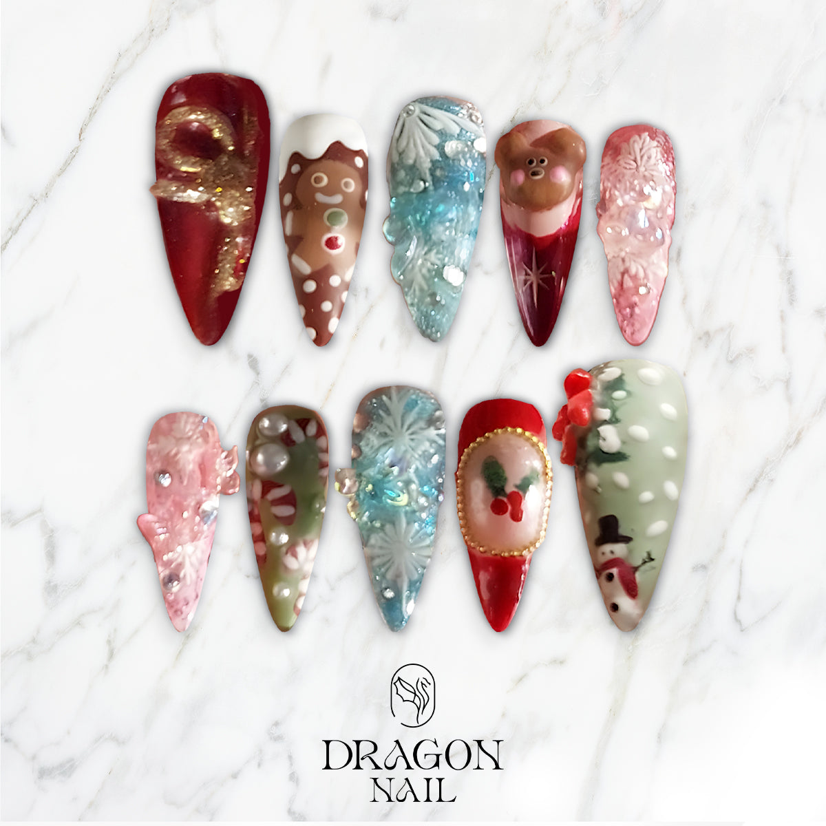 3D Gingerbread &amp; Snowflake Christmas Press-On Nails, Long Stiletto Winter Nail Set with Santa, Snowman &amp; Candy Cane Charms — Holiday Statement Nails