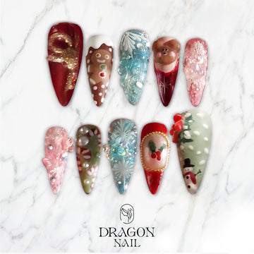 3D Gingerbread &amp; Snowflake Christmas Press-On Nails, Long Stiletto Winter Nail Set with Santa, Snowman &amp; Candy Cane Charms — Holiday Statement Nails