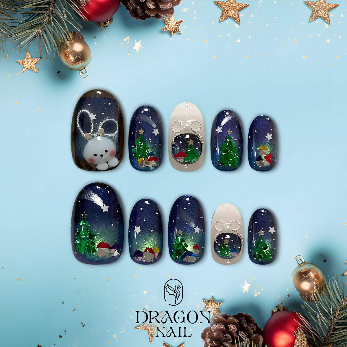 Winter Night Sky Nails, Reusable Press-On Set, Christmas Bunny Design, Limited Edition