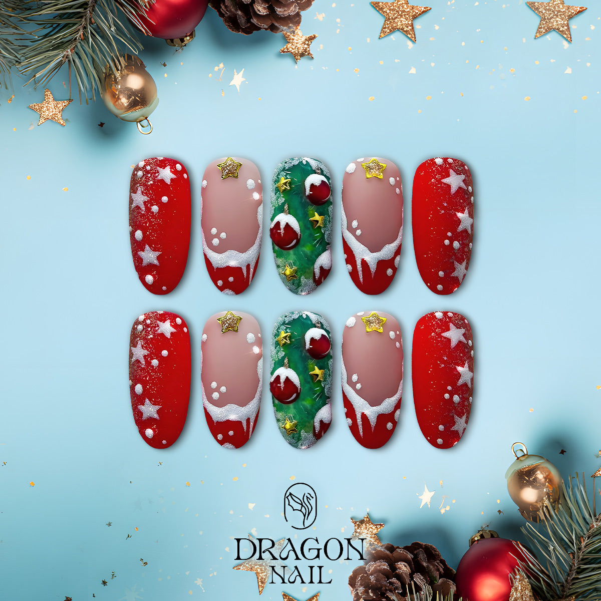 Red Christmas Tree Nails, Reusable Press-On Set, Festive Holiday Snow Look, Limited Edition