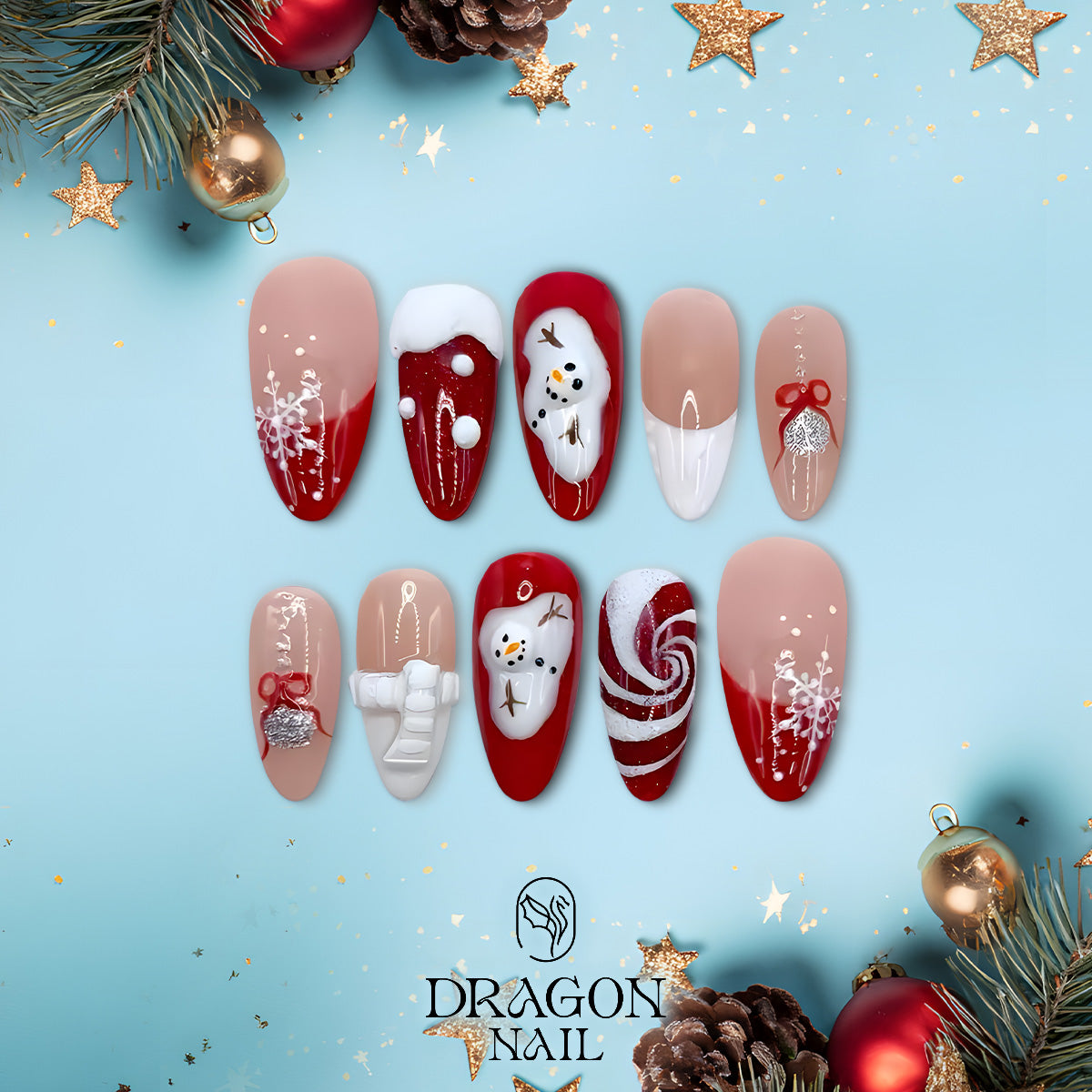 Red Snowman Christmas Nails, Reusable Press-On Set, Candy &amp; Snowflake Design, Limited Edition