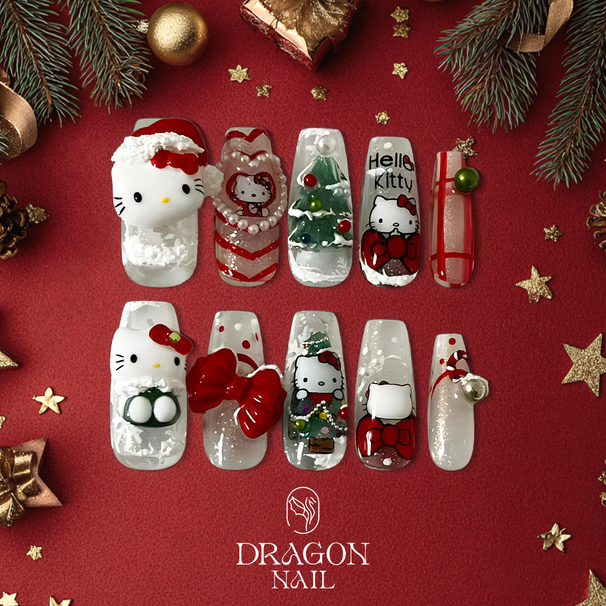 Hello Kitty Christmas Nails, Reusable Press-On Set, 3D Bow &amp; Tree Design, Limited Edition