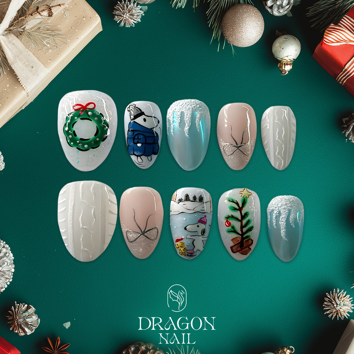 Snoopy Christmas Nails, Winter Wonderland Press-On Set, Blue &amp; White Holiday Design