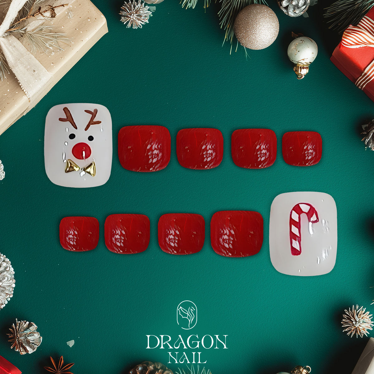 Christmas Pedicure Nails, Red &amp; White Reindeer Toe Nails, Candy Cane Holiday Design