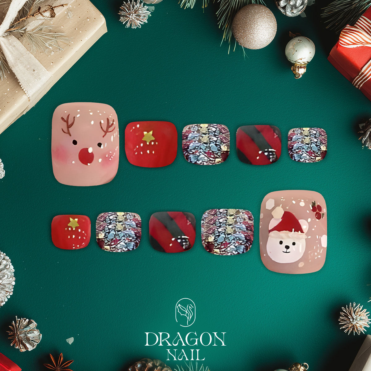 Christmas Pedicure Nails, Cute Reindeer &amp; Snow Bear Toe Nails, Festive Glitter Holiday Design